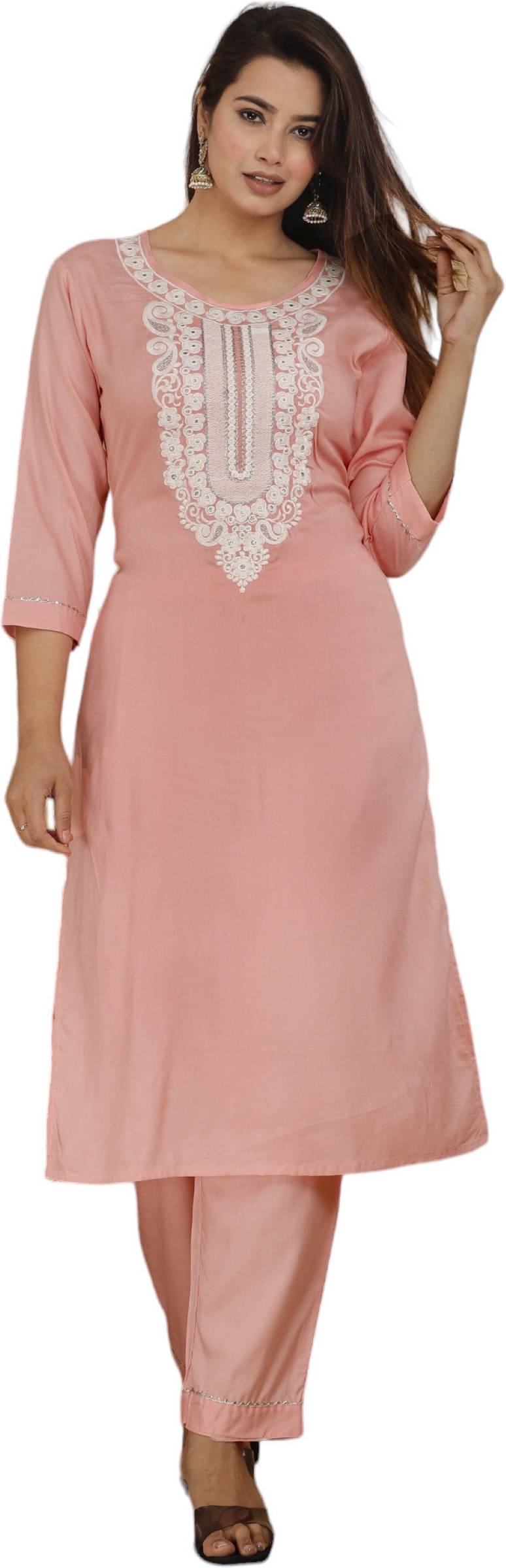 jain creation Women's Cotton Blend Embroidered Kurti With Pants ( Pink ) jain creation Women's Cotton Blend Embroidered Kurti With Pants ( Pink )