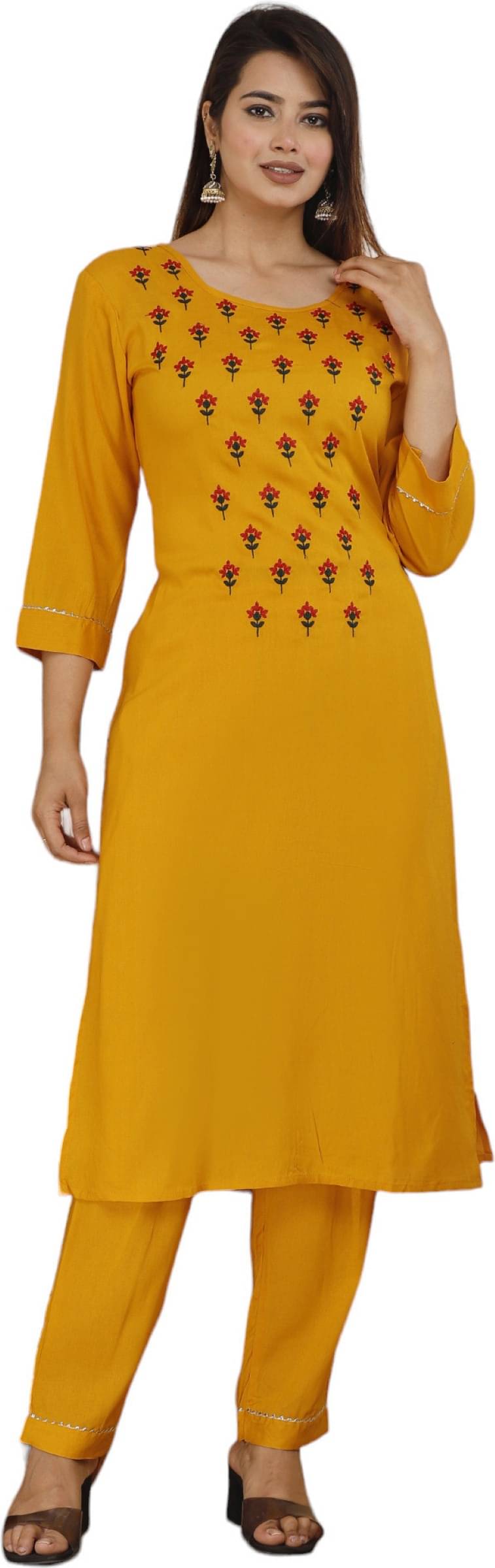 jain creation Women's Cotton Blend Embroidered Kurti With Pants ( Yellow ) jain creation Women's Cotton Blend Embroidered Kurti With Pants ( Yellow )