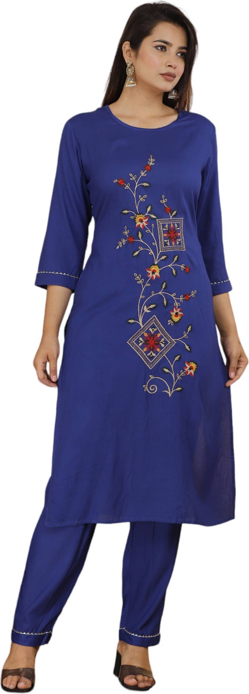 jain creation Women's Cotton Blend Embroidered Kurti With Pants ( Blue ) jain creation Women's Cotton Blend Embroidered Kurti With Pants ( Blue )