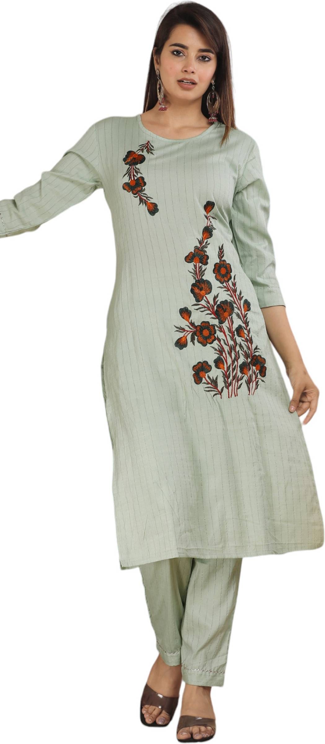 jain creation Women's Cotton Silk Embroidered Kurti With Pants ( Green ) jain creation Women's Cotton Silk Embroidered Kurti With Pants ( Green )