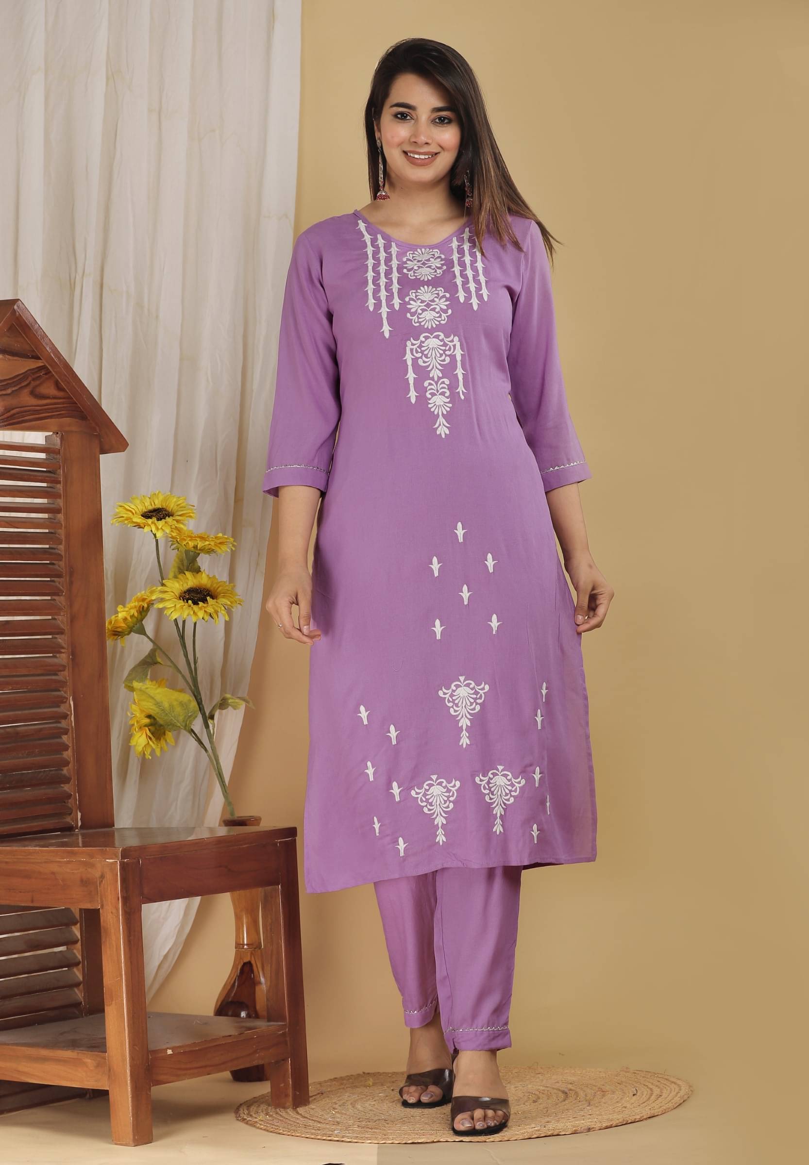     			jain creation Women's Cotton Silk Embroidered Kurti With Pants ( Purple )