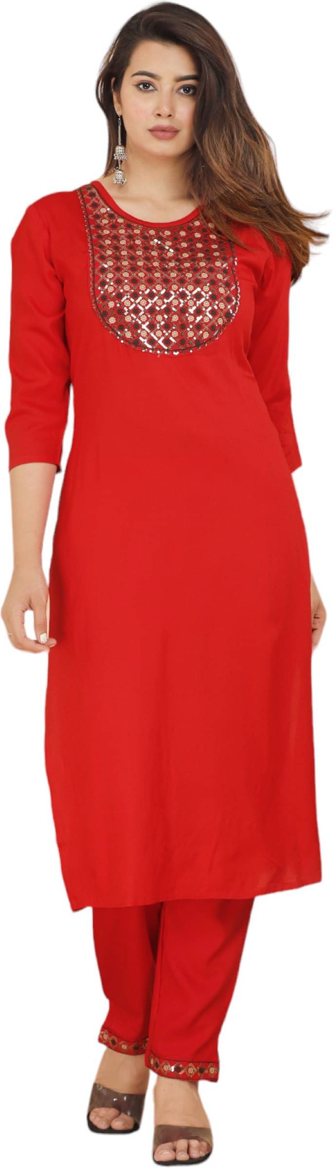 jain creation Women's Cotton Blend Embroidered Kurti With Pants ( Red ) jain creation Women's Cotton Blend Embroidered Kurti With Pants ( Red )