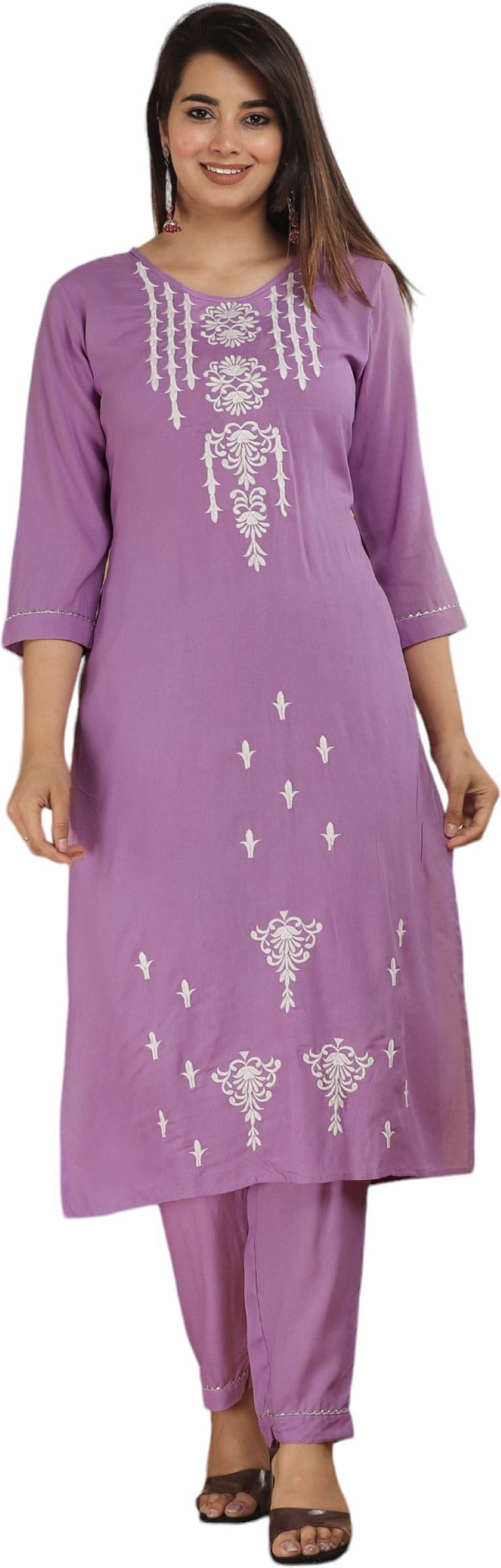     			jain creation Women's Cotton Silk Embroidered Kurti With Pants ( Purple )