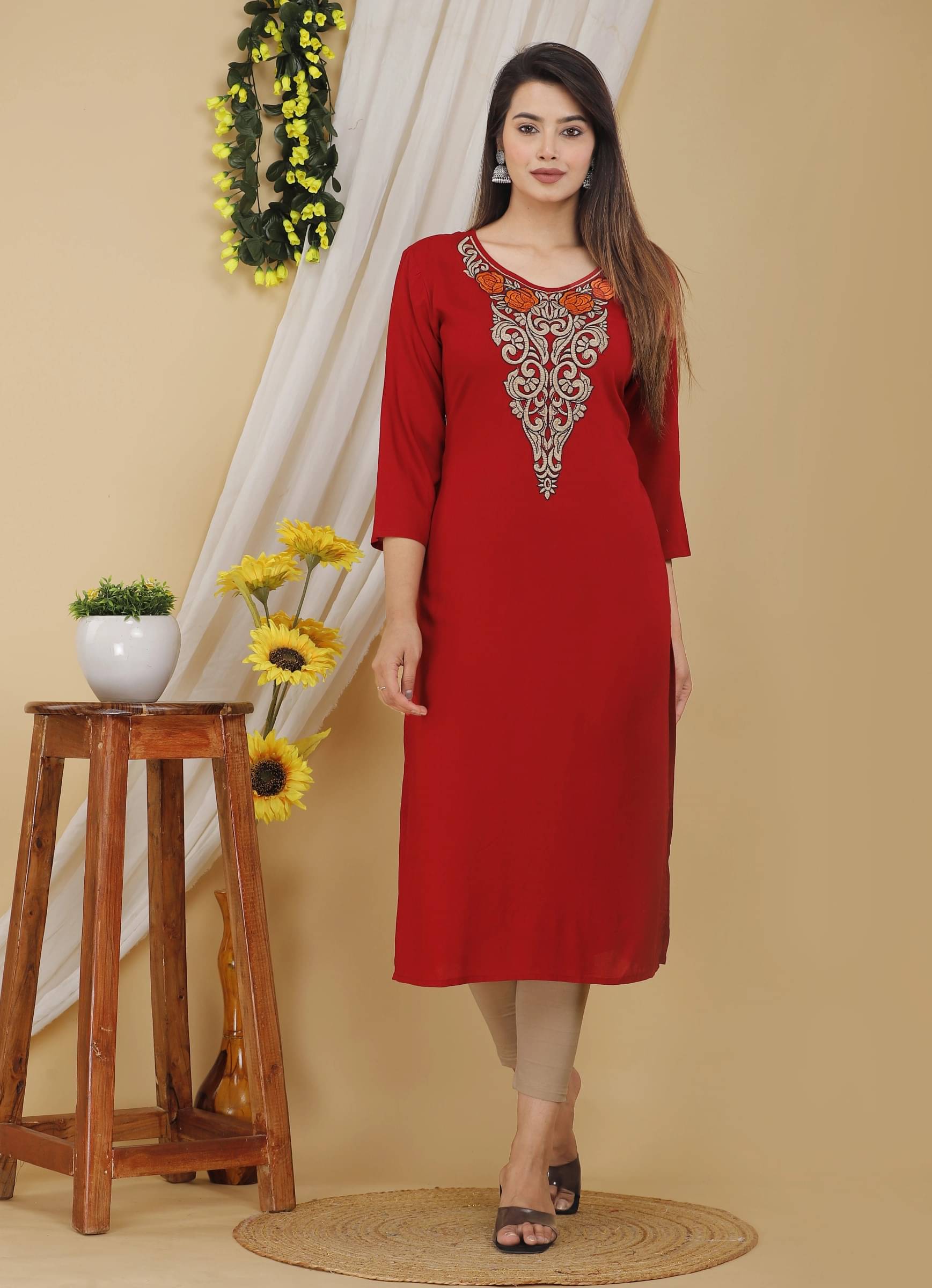 jain creation Women's Cotton Blend Embroidered Straight Kurti - ( Red ) jain creation Women's Cotton Blend Embroidered Straight Kurti - ( Red )
