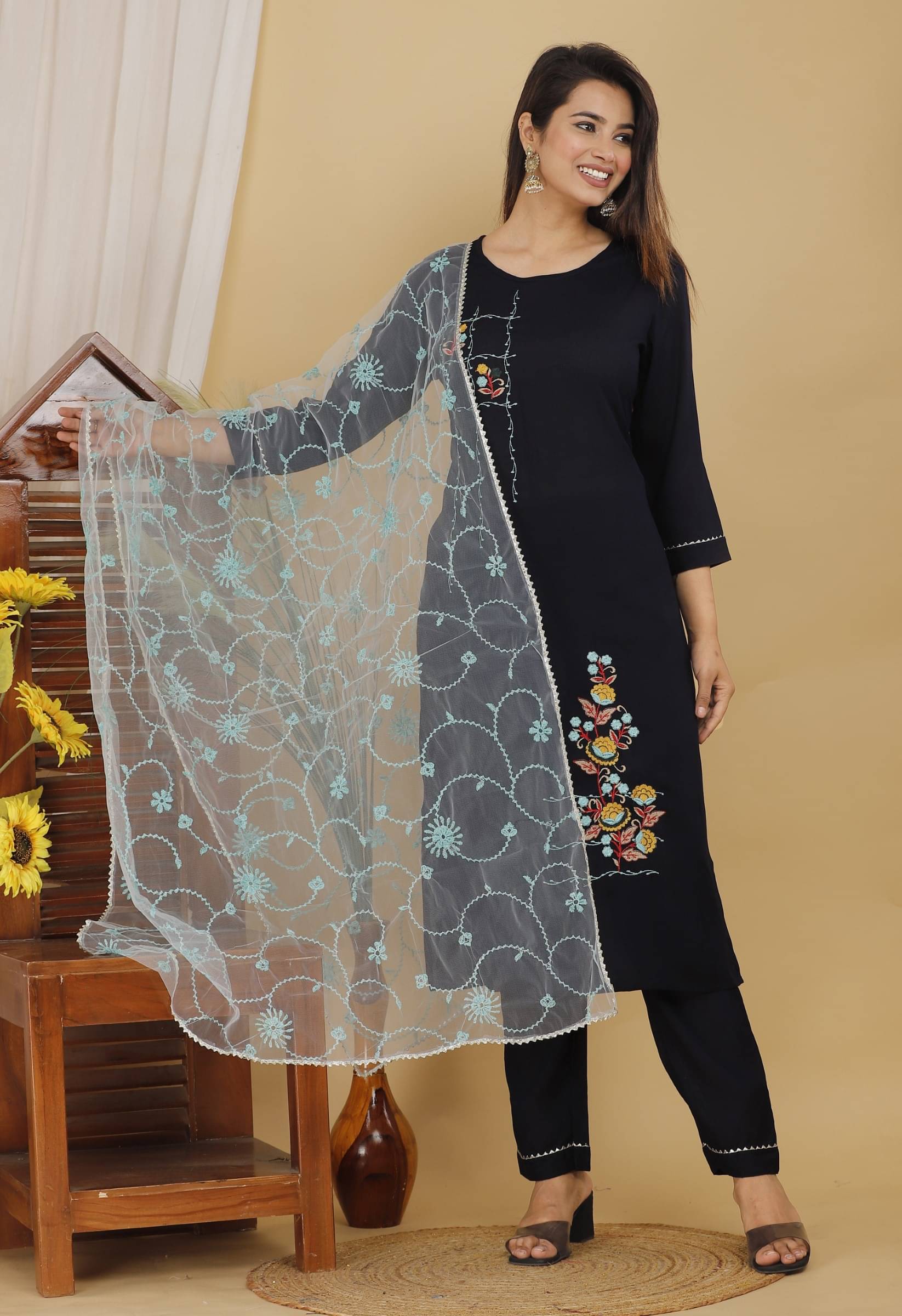 jain creation Women's Cotton Blend Embroidered Kurti With Pants ( Dark Blue ) jain creation Women's Cotton Blend Embroidered Kurti With Pants ( Dark Blue )