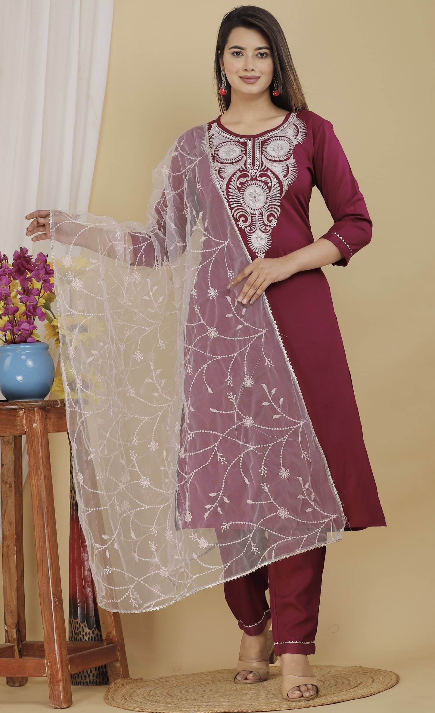     			jain creation Women's Cotton Blend Embroidered Kurti With Churidar ( Maroon )