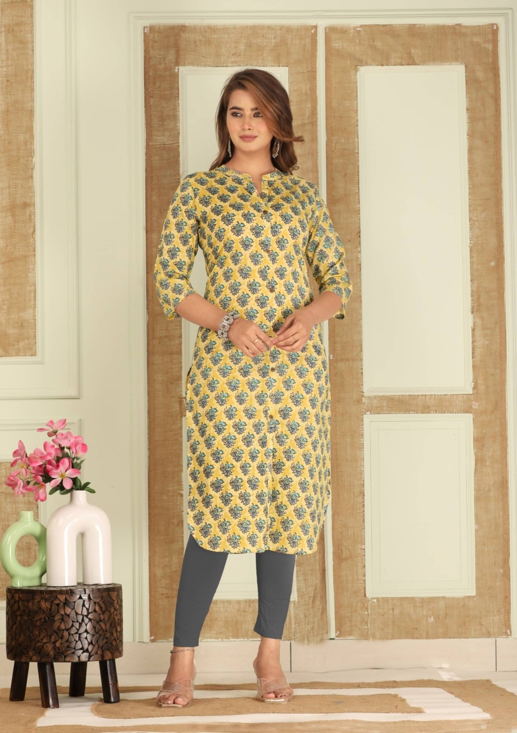     			jain creation Women's Cotton Printed Straight Kurti - ( Yellow )