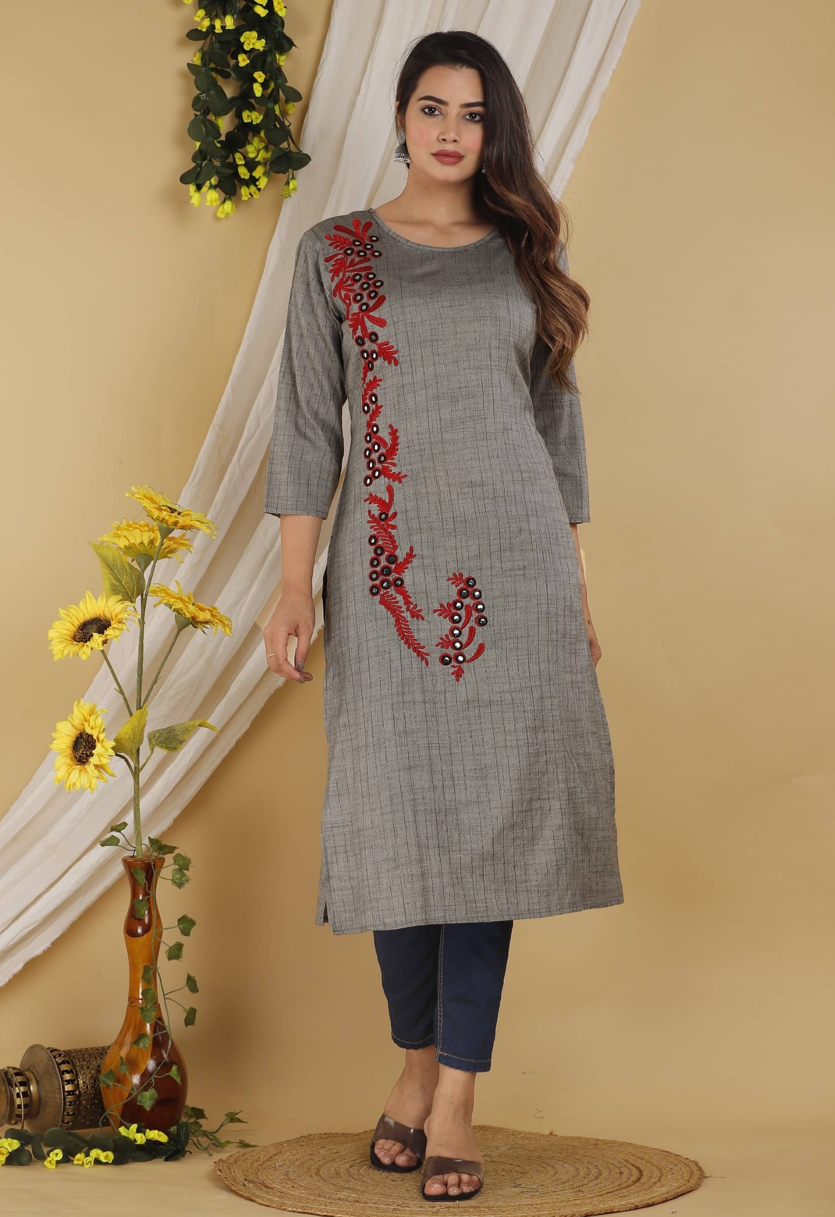 jain creation Women's Cotton Silk Embellished Straight Kurti - ( Grey ) jain creation Women's Cotton Silk Embellished Straight Kurti - ( Grey )