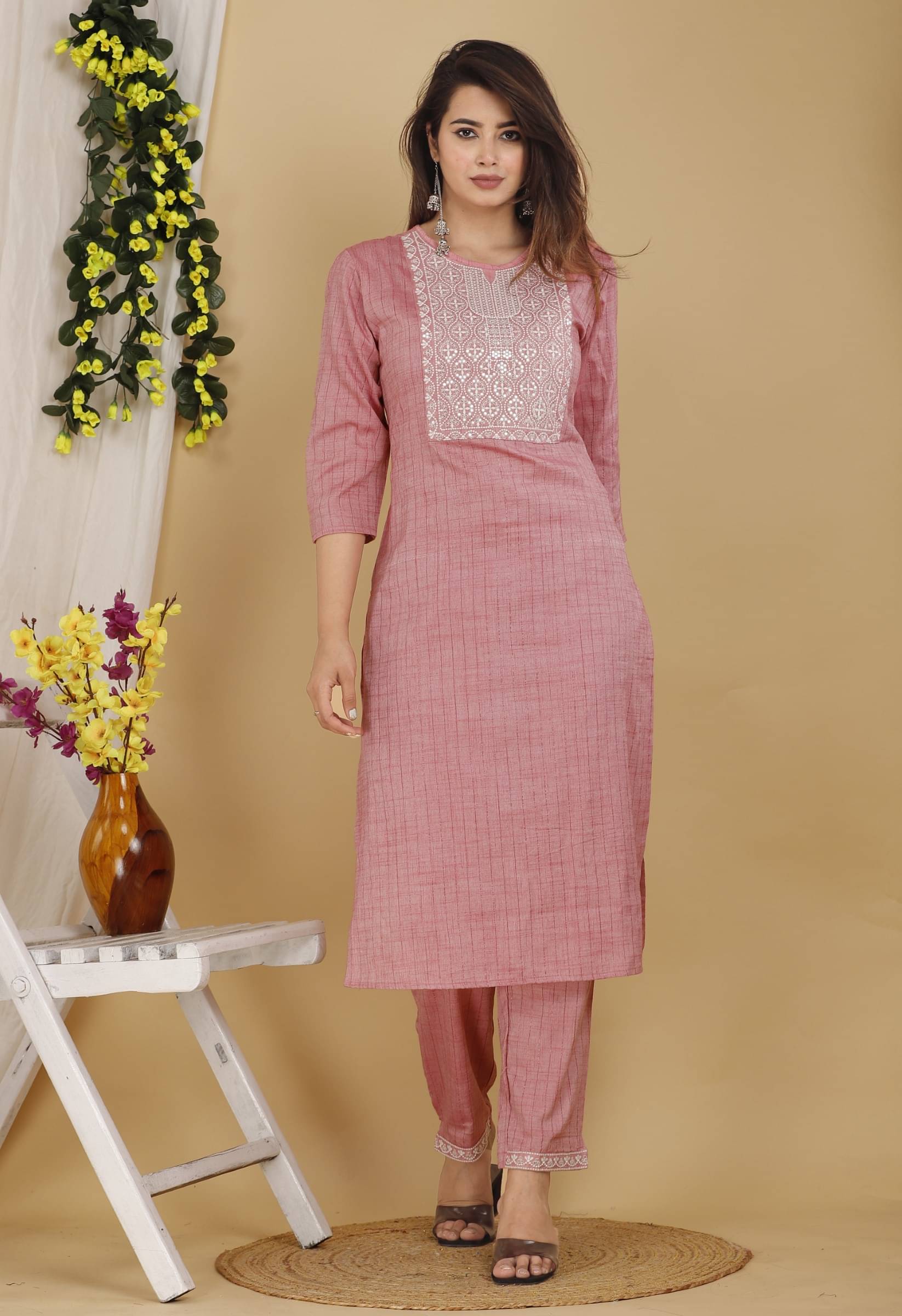 jain creation Women's Cotton Silk Embroidered Kurti With Pants ( Pink ) jain creation Women's Cotton Silk Embroidered Kurti With Pants ( Pink )