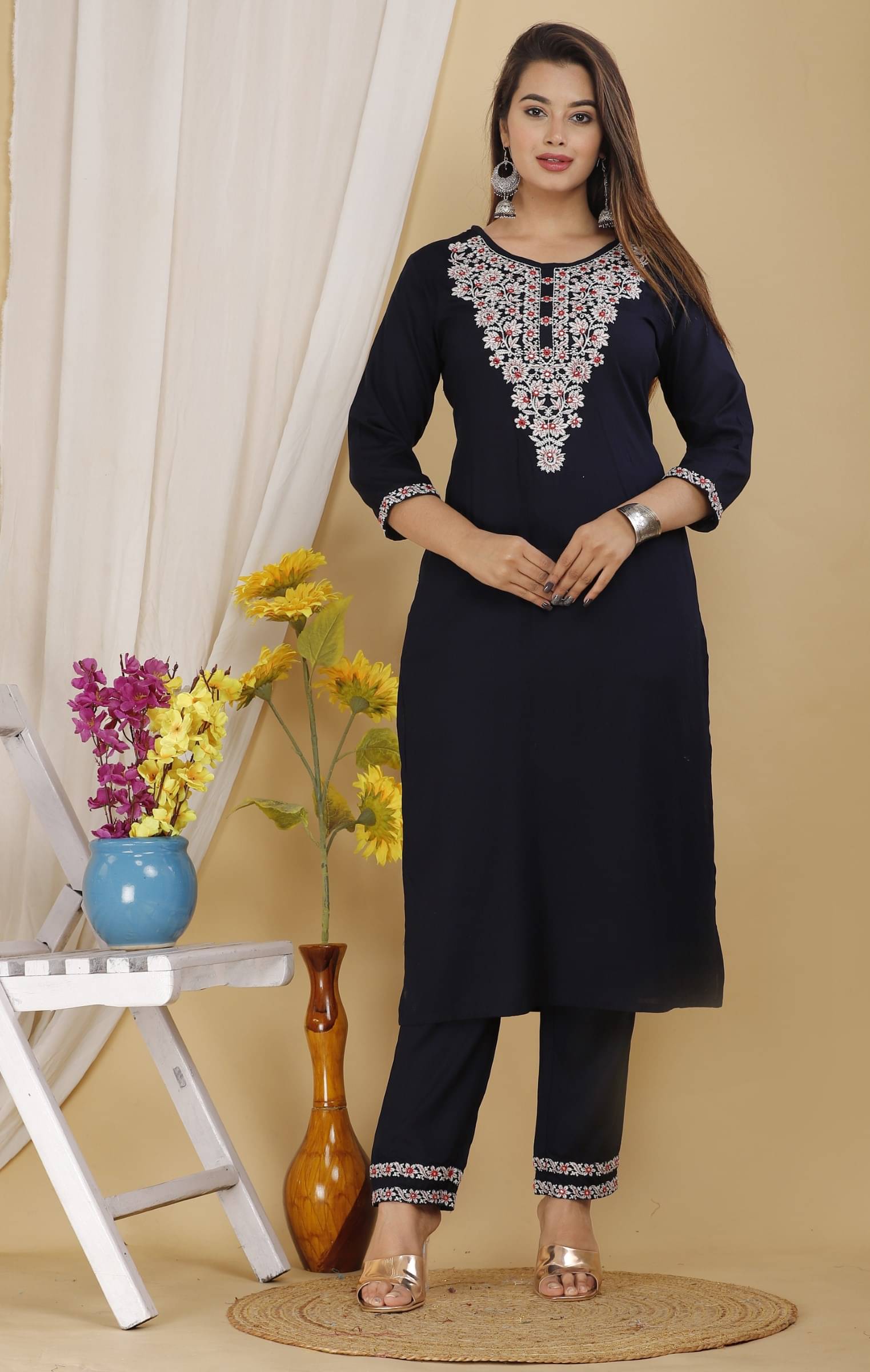 jain creation Women's Viscose Embroidered Kurti With Pants ( Dark Blue ) jain creation Women's Viscose Embroidered Kurti With Pants ( Dark Blue )