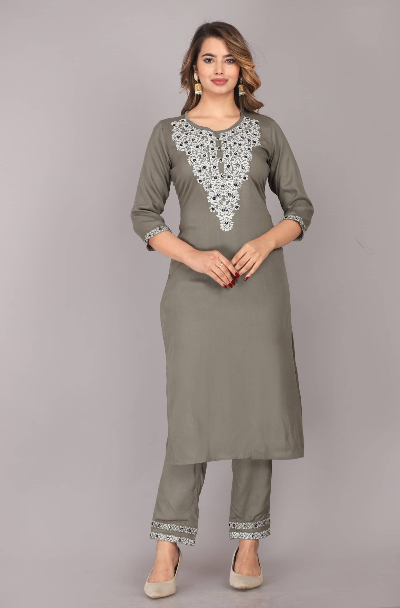 jain creation Women's Viscose Embroidered Kurti With Pants ( Grey ) jain creation Women's Viscose Embroidered Kurti With Pants ( Grey )