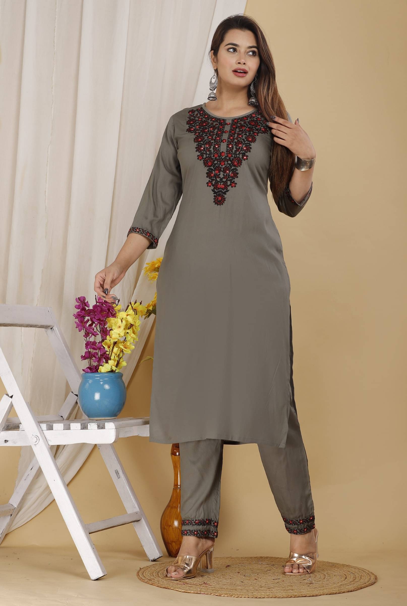 jain creation Women's Viscose Embroidered Kurti With Pants ( Grey ) jain creation Women's Viscose Embroidered Kurti With Pants ( Grey )