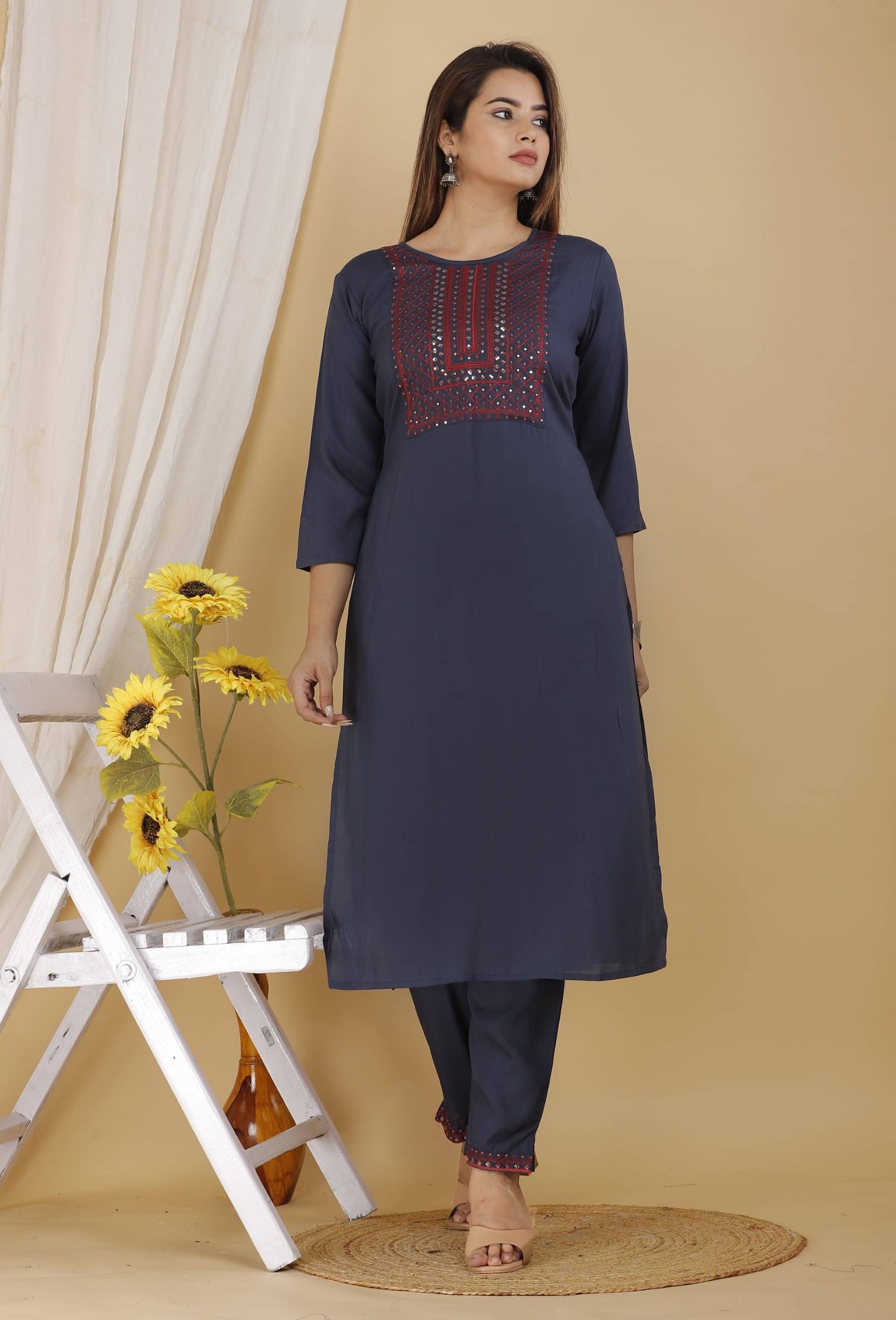    			jain creation Women's Viscose Embroidered Kurti With Pants ( Light Blue )