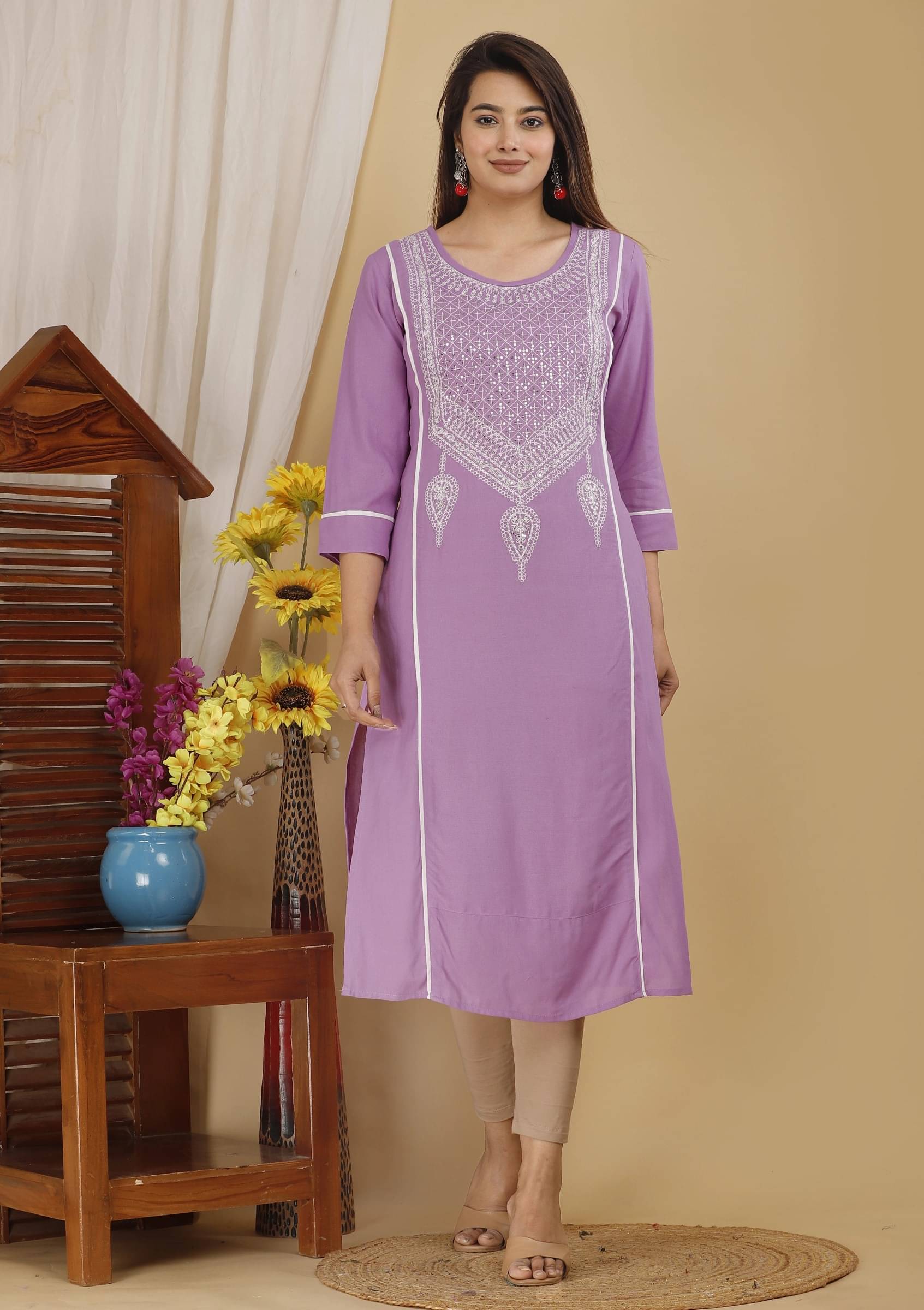 jain creation Women's Viscose Rayon Embroidered Straight Kurti - ( Purple ) jain creation Women's Viscose Rayon Embroidered Straight Kurti - ( Purple )
