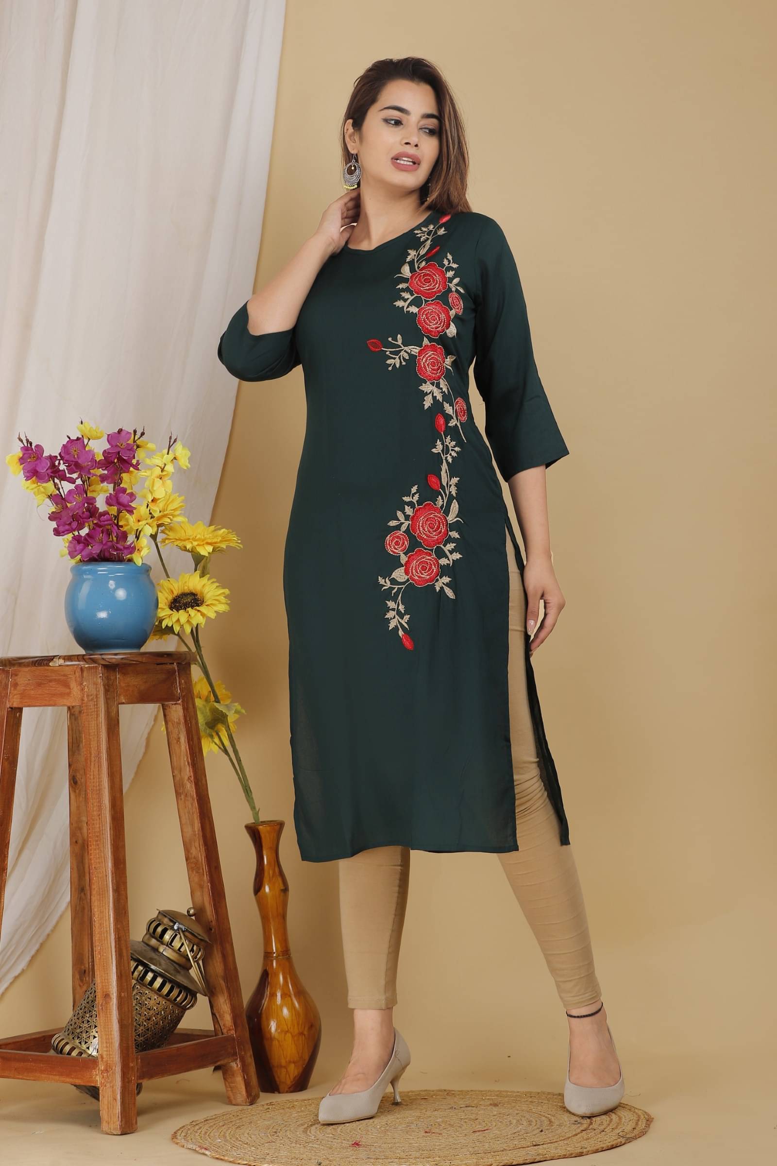 jain creation Women's Viscose Rayon Embroidered Straight Kurti - ( Dark Green ) jain creation Women's Viscose Rayon Embroidered Straight Kurti - ( Dark Green )