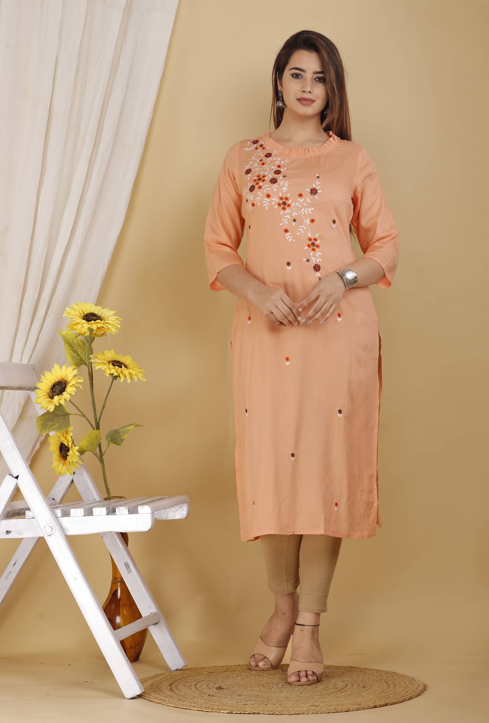 jain creation Women's Viscose Rayon Embroidered A-line Kurti - ( Orange ) jain creation Women's Viscose Rayon Embroidered A-line Kurti - ( Orange )