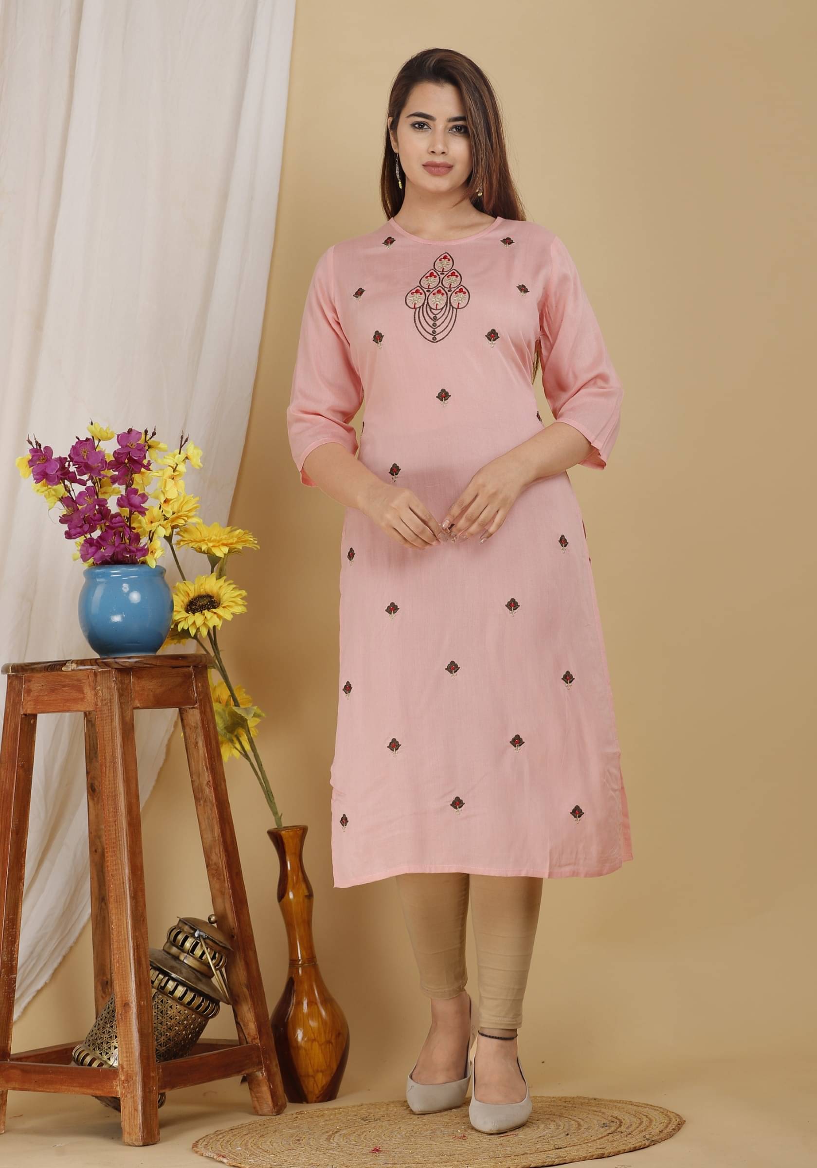     			jain creation Women's Viscose Rayon Embroidered Straight Kurti - ( Pink )