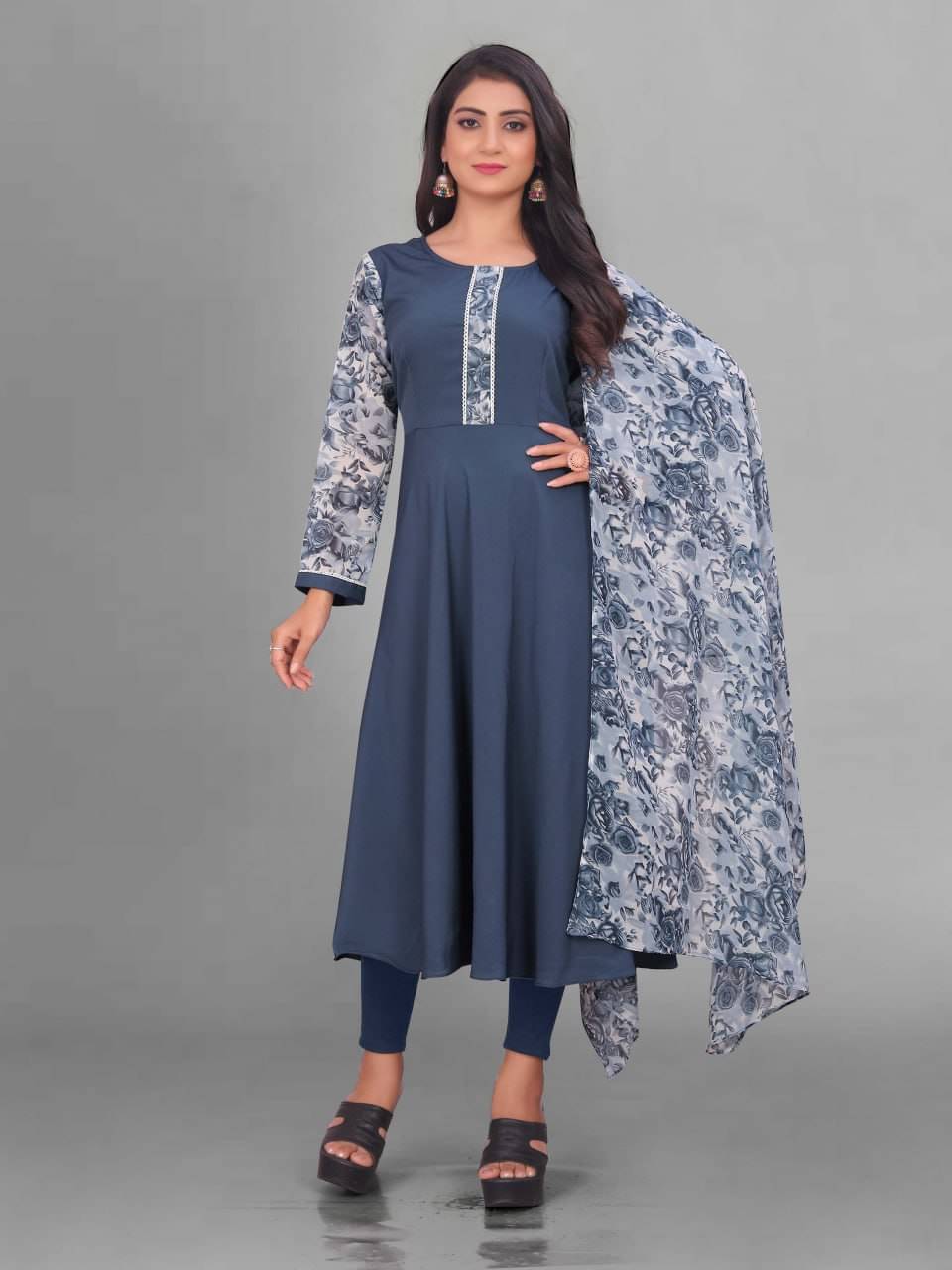 A TO Z CART Women's Crepe Printed Anarkali Kurti with Dupatta - ( Grey )     			A TO Z CART Women's Crepe Printed Anarkali Kurti with Dupatta - ( Grey )