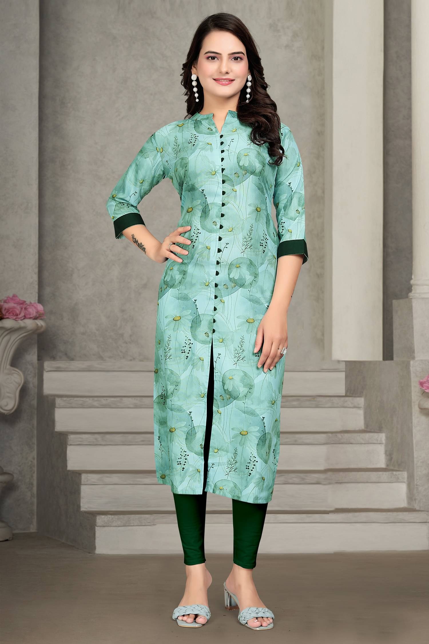     			A TO Z CART Women's Rayon Printed Front Slit Kurti - ( Green )