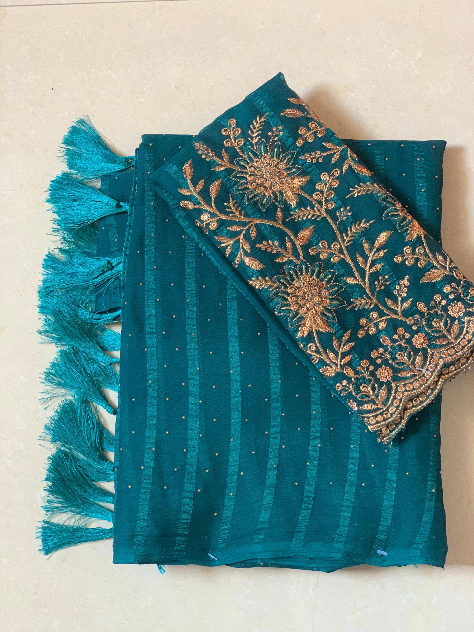     			AB Silk Georgette Embroidered Saree With Unstitched Blouse Piece ( Teal )