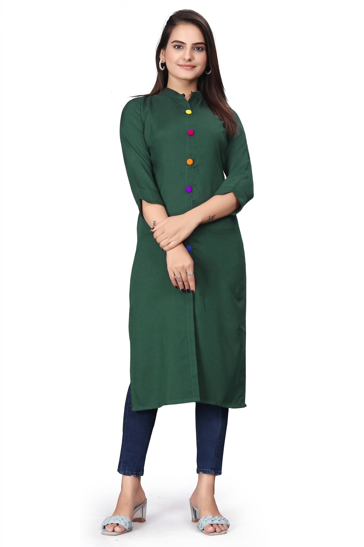     			Aika Women's Cotton Blend Solid Front Slit Kurti - ( Green )