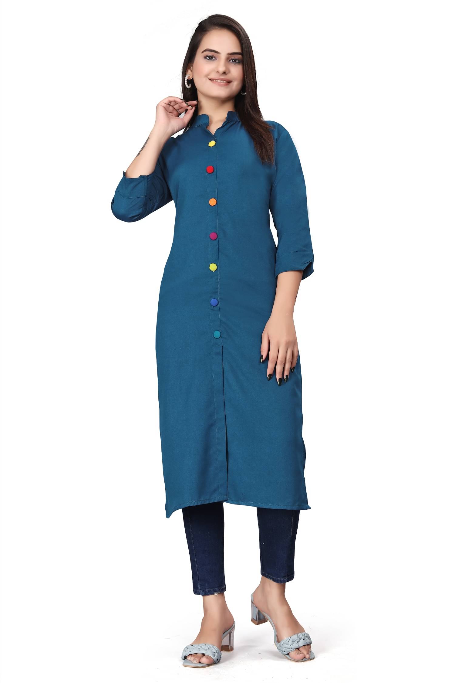 Aika Women's Cotton Blend Solid Straight Kurti - ( Teal ) Aika Women's Cotton Blend Solid Straight Kurti - ( Teal )