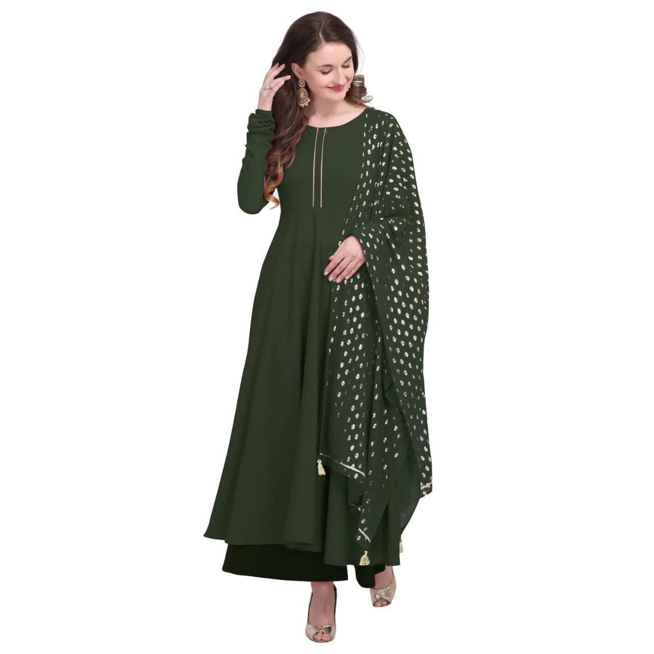 Aika Women's Crepe Solid Anarkali Kurti with Dupatta - ( Green ) Aika Women's Crepe Solid Anarkali Kurti with Dupatta - ( Green )