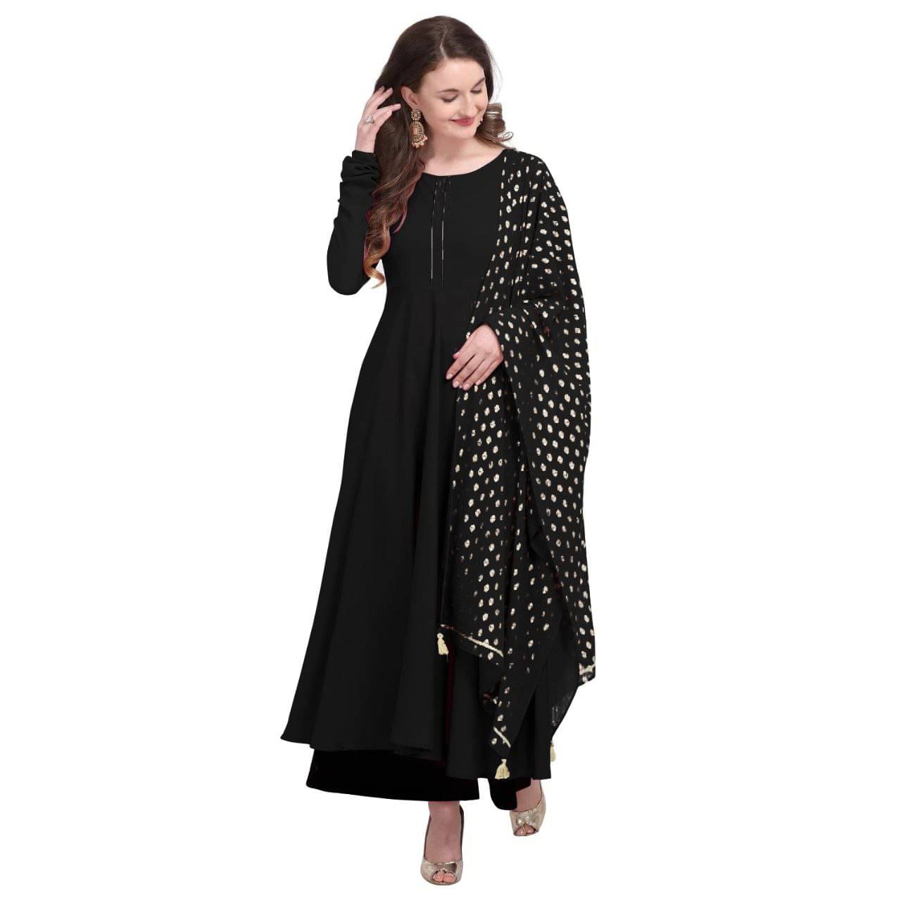     			Aika Women's Crepe Solid Anarkali Kurti with Dupatta - ( Black )