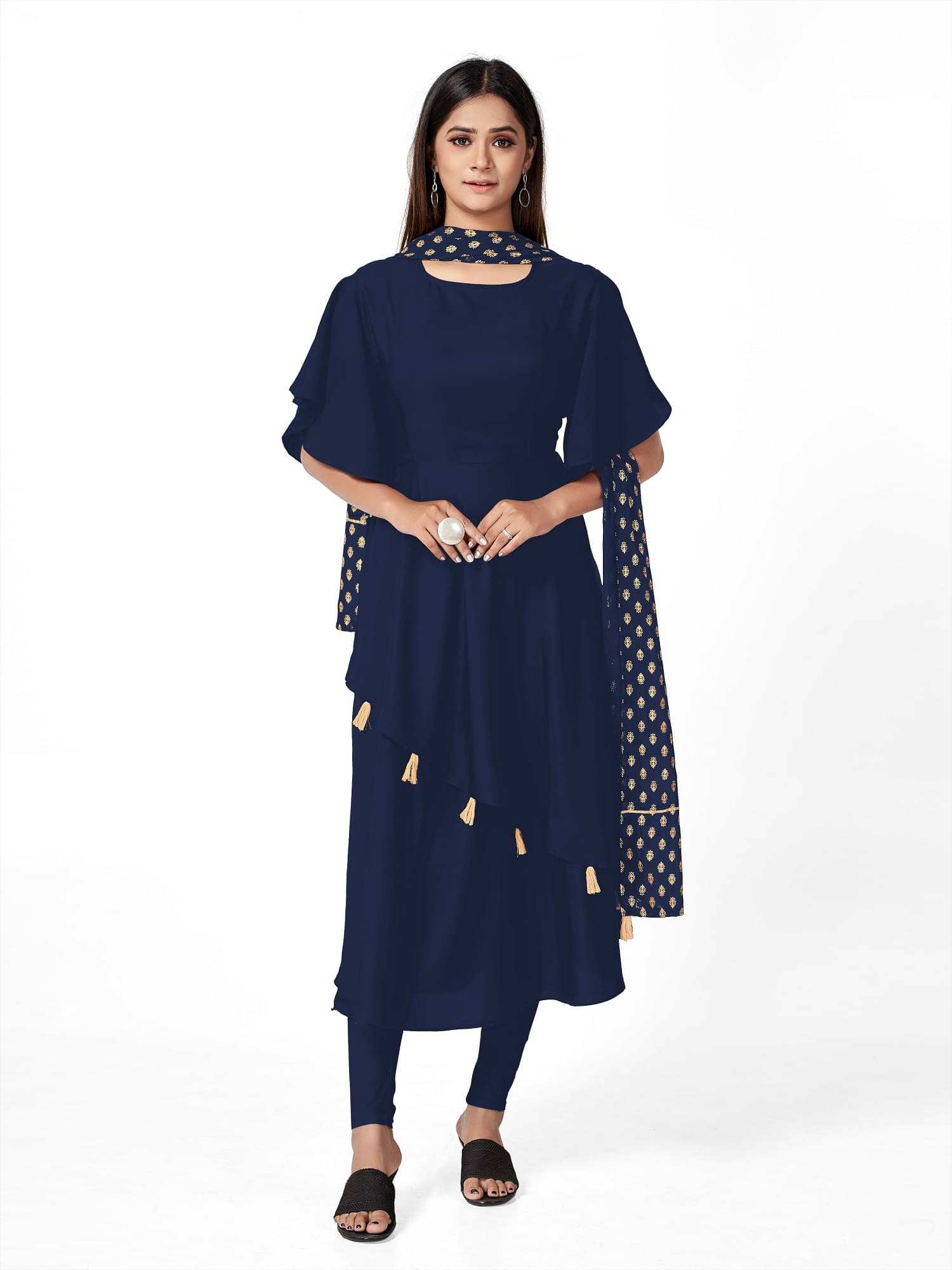 Aika Women's Crepe Solid Anarkali Kurti with Dupatta - ( Blue )     			Aika Women's Crepe Solid Anarkali Kurti with Dupatta - ( Blue )