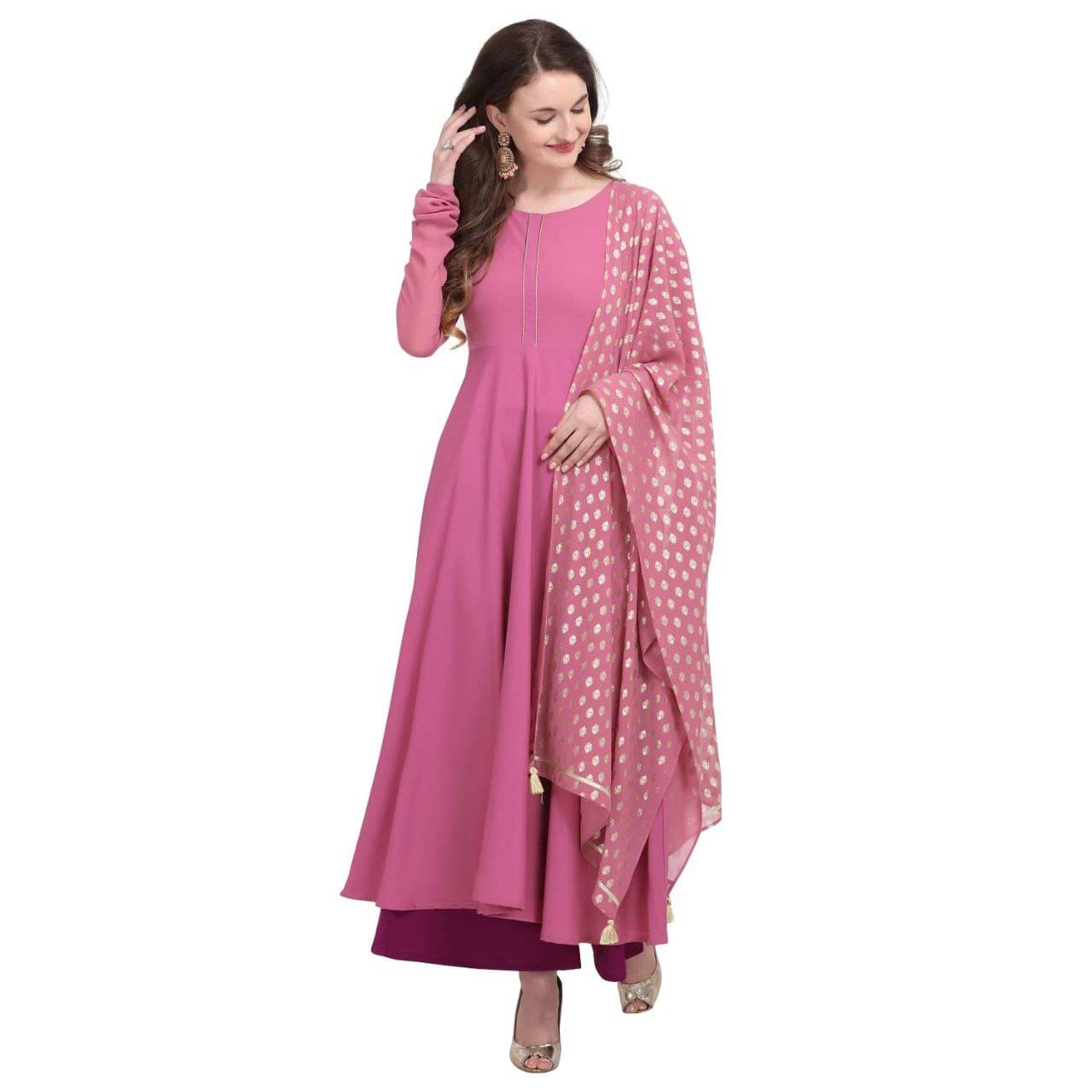     			Aika Women's Crepe Solid Anarkali Kurti with Dupatta - ( Fluorescent Pink )