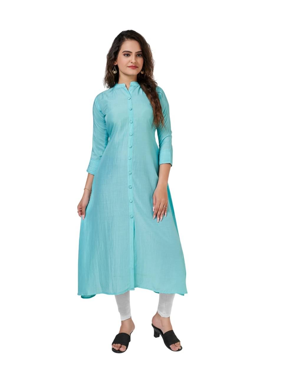 Aika Women's Polyester Solid Front Slit Kurti - ( Turquoise ) Aika Women's Polyester Solid Front Slit Kurti - ( Turquoise )