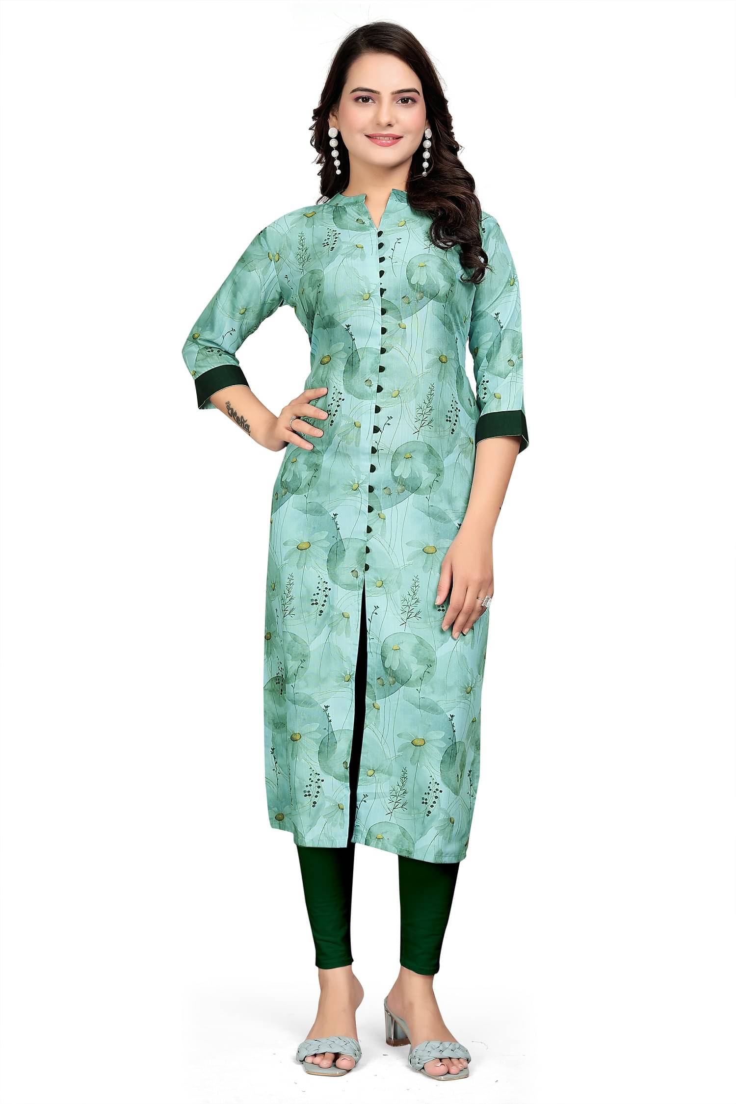 Aika Women's Rayon Printed Front Slit Kurti - ( Green ) Aika Women's Rayon Printed Front Slit Kurti - ( Green )