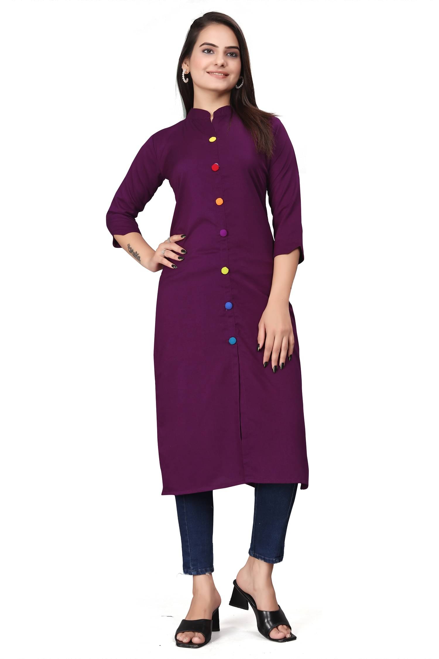     			Apnisha Women's Cotton Blend Solid Front Slit Kurti - ( Wine )