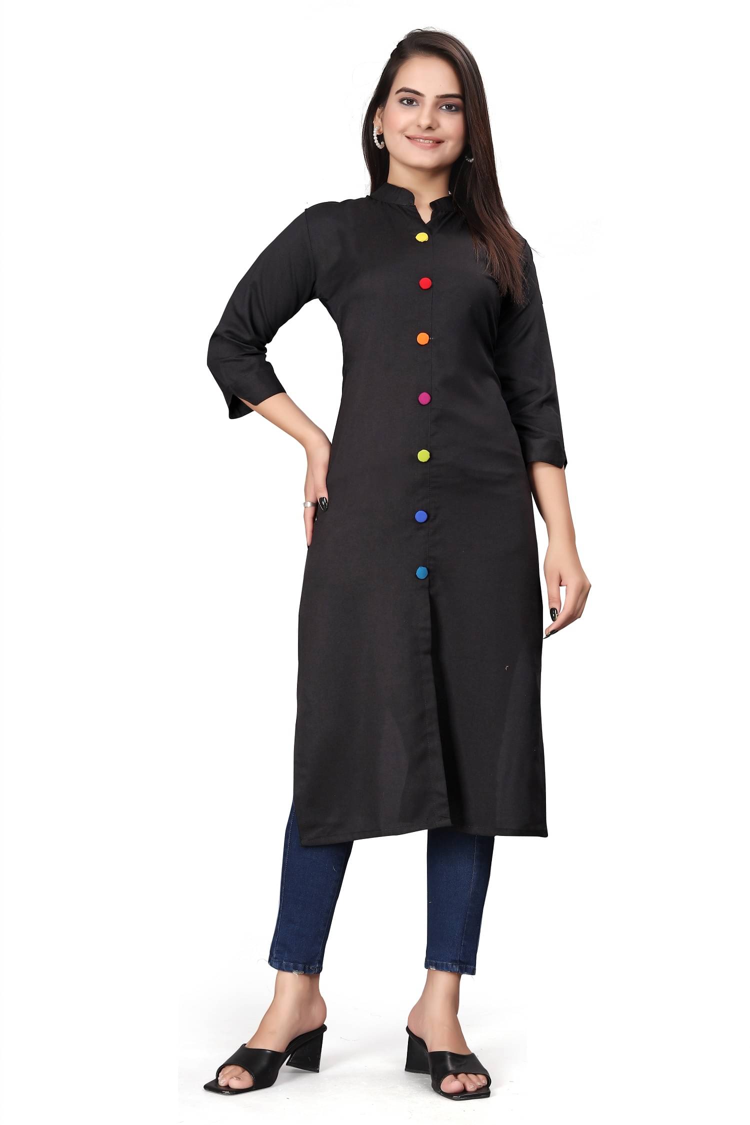     			Apnisha Women's Cotton Blend Solid Front Slit Kurti - ( Black )
