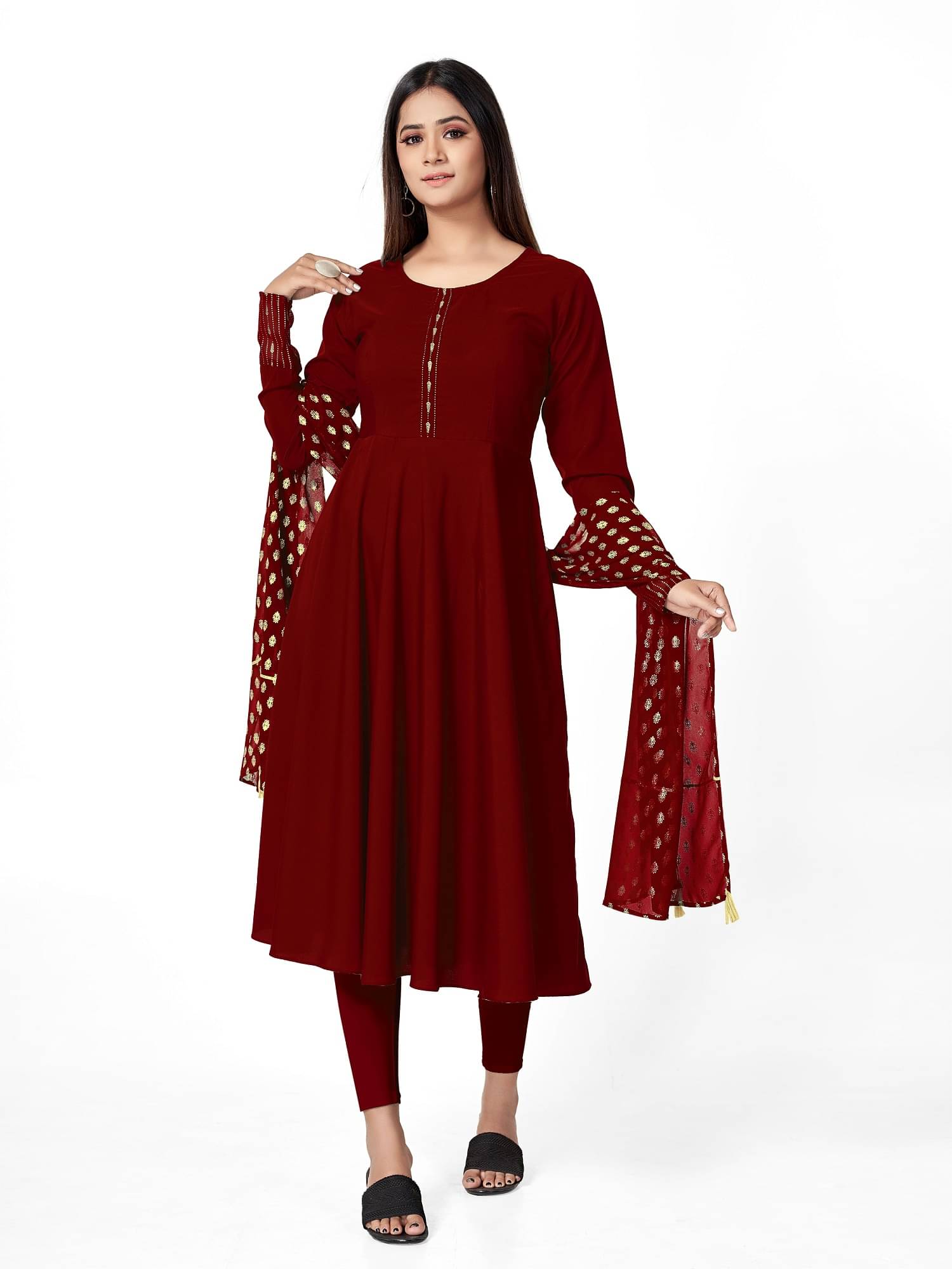 Apnisha Women's Crepe Printed Anarkali Kurti with Dupatta - ( Maroon ) Apnisha Women's Crepe Printed Anarkali Kurti with Dupatta - ( Maroon )