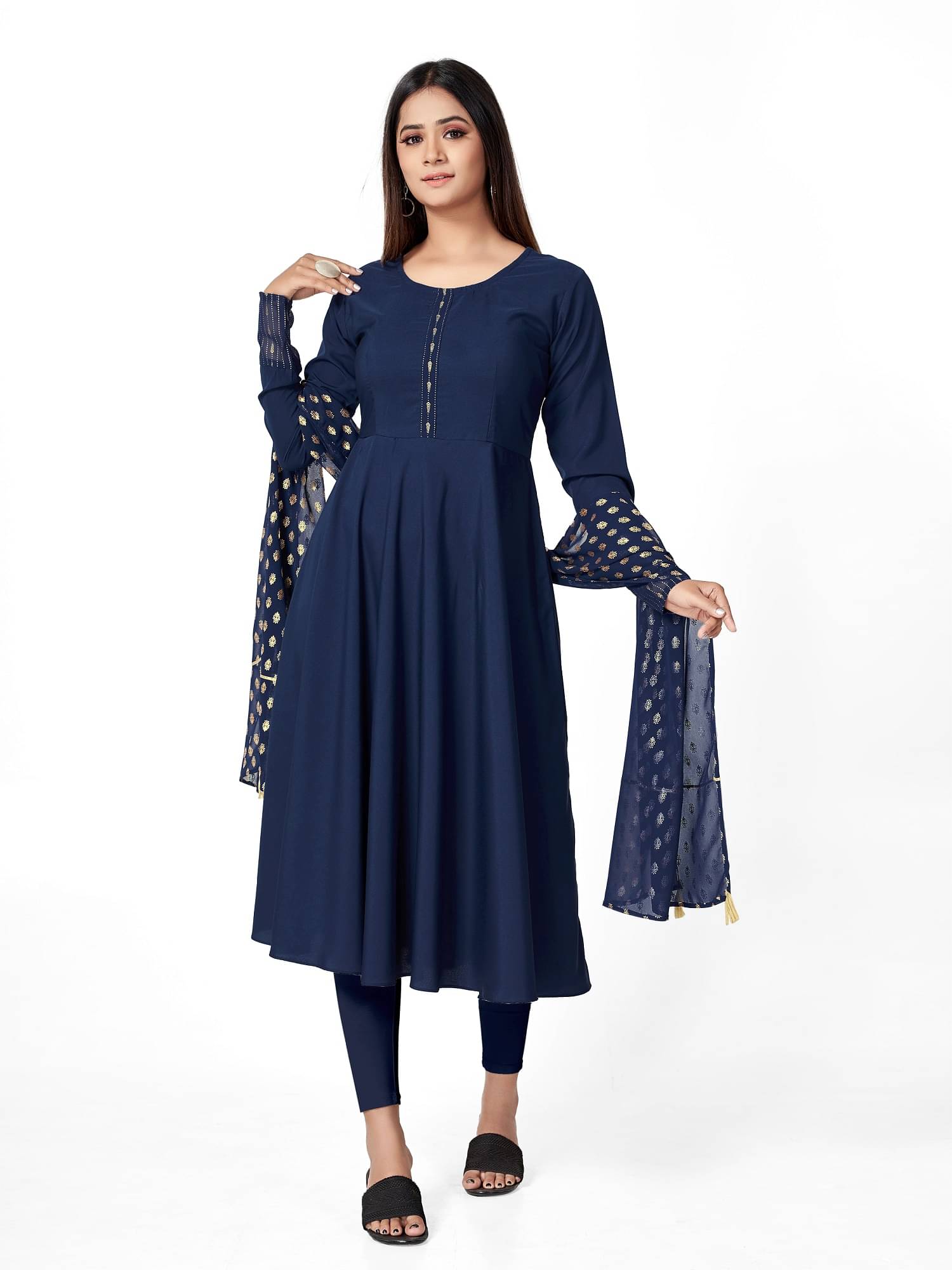     			Apnisha Women's Crepe Printed Anarkali Kurti with Dupatta - ( Blue )
