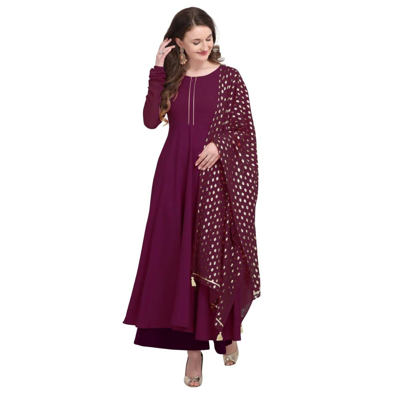     			Apnisha Women's Crepe Solid Anarkali Kurti with Dupatta - ( Wine )
