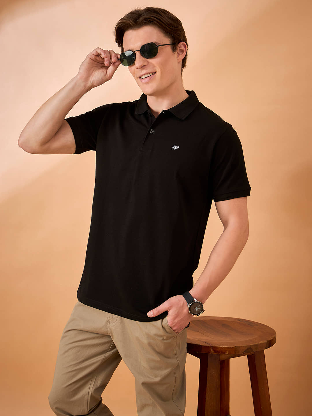 Club York Men Cotton Blend Regular Fit Solid Polo T Shirt ( Black )