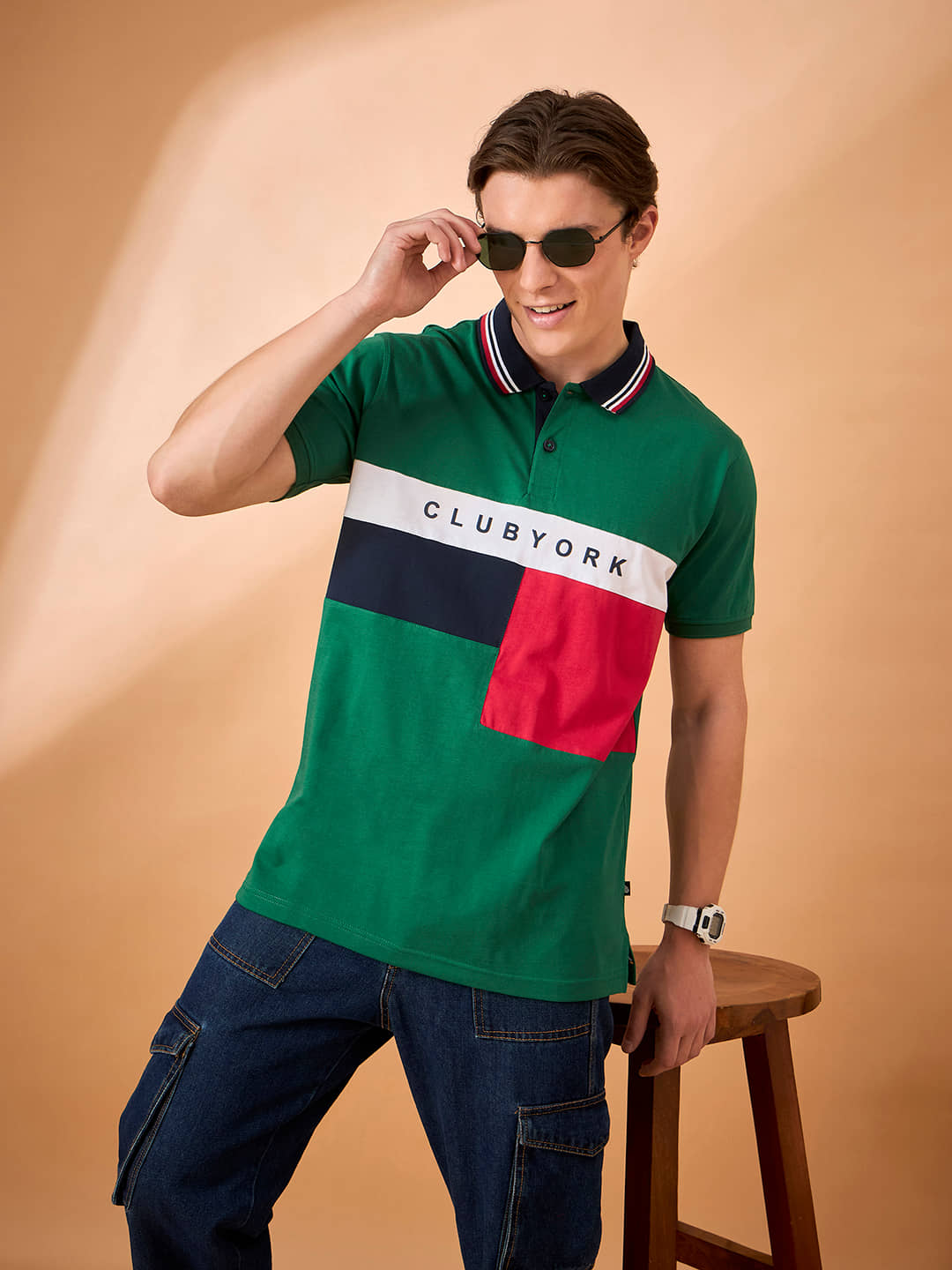 Club York Men Cotton Blend Regular Fit Colorblock Polo T Shirt ( Green )