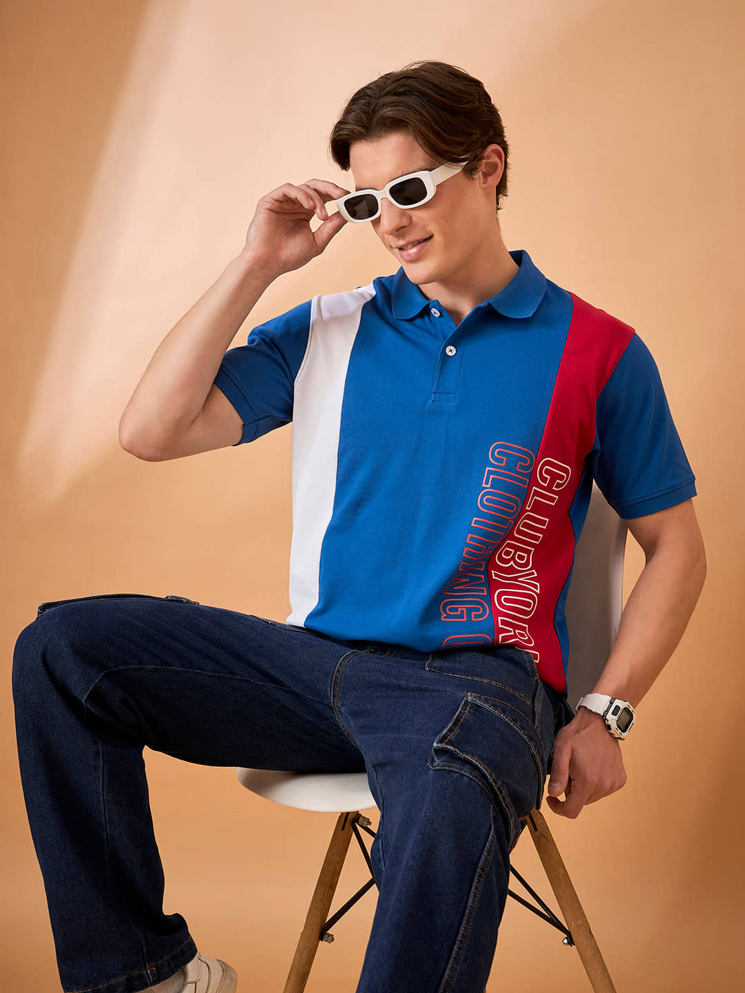 Club York Men Cotton Blend Regular Fit Colorblock Polo T Shirt ( Blue )
