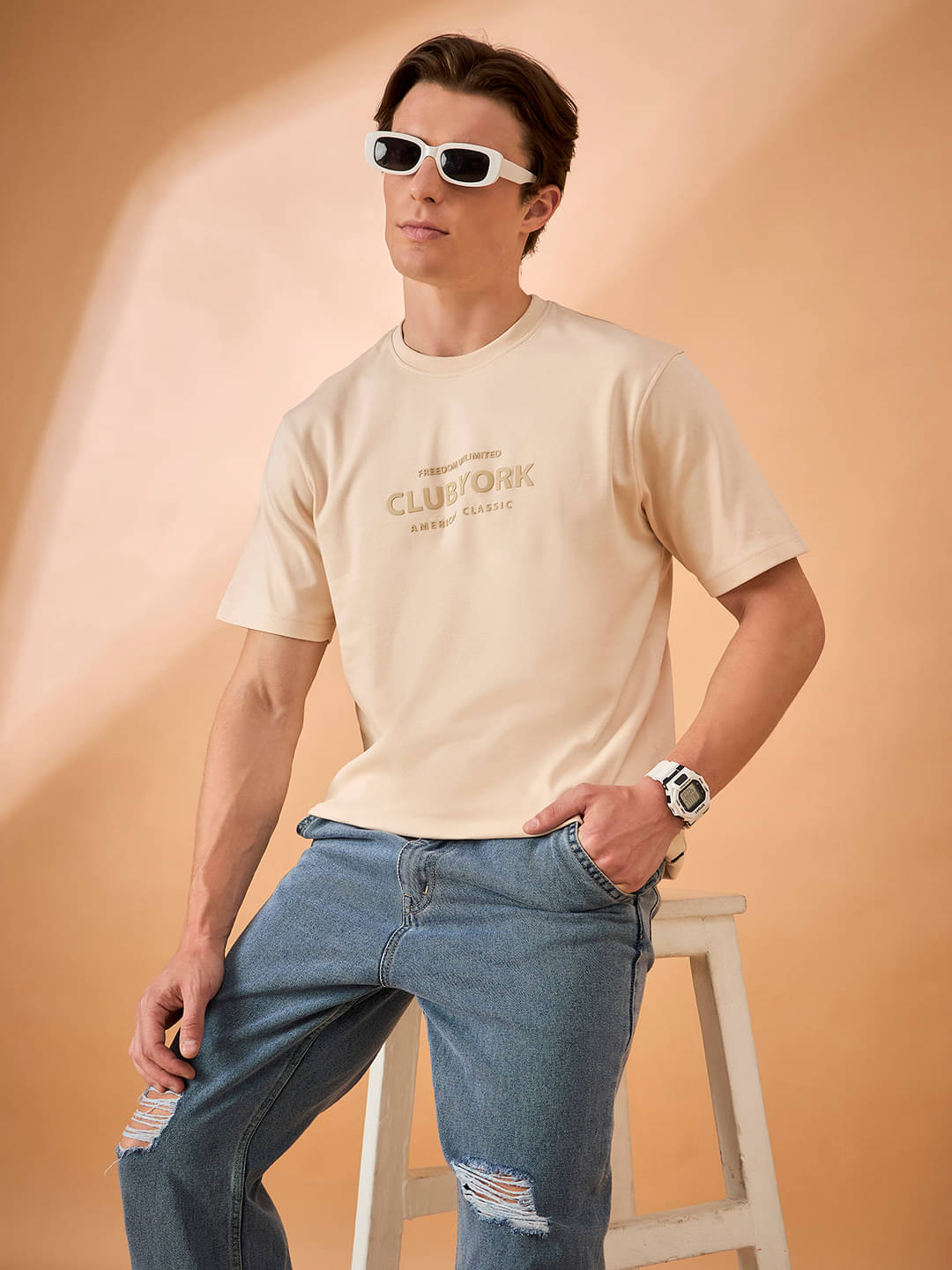 Club York Men Cotton Blend Regular Fit Printed T-Shirt ( Beige ) Club York Men Cotton Blend Regular Fit Printed T-Shirt ( Beige )