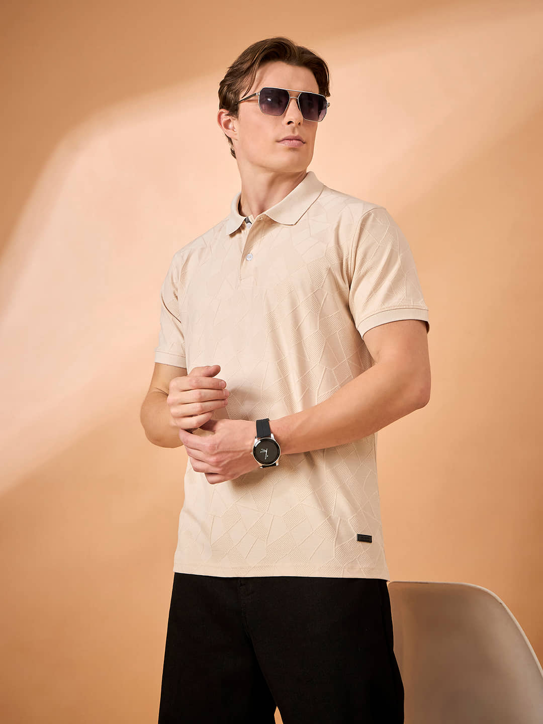 Club York Men Cotton Blend Regular Fit Checks Polo T Shirt ( Beige )