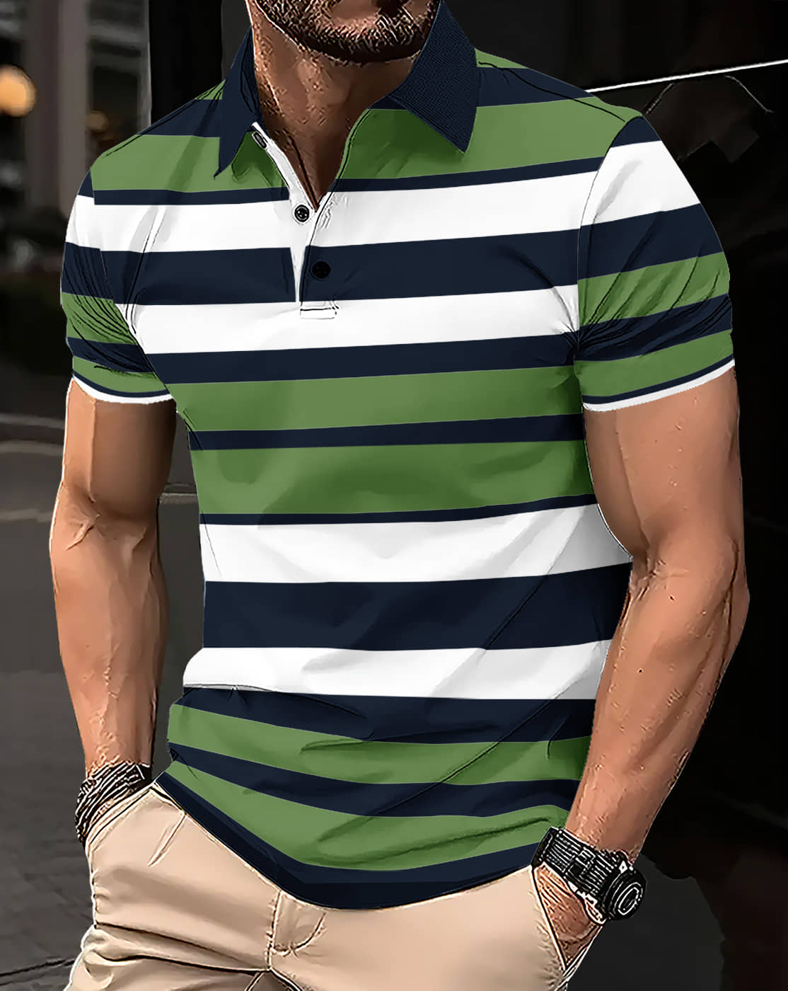 Eyebogler Men Cotton Blend Regular Fit Striped Polo T Shirt ( Green )
