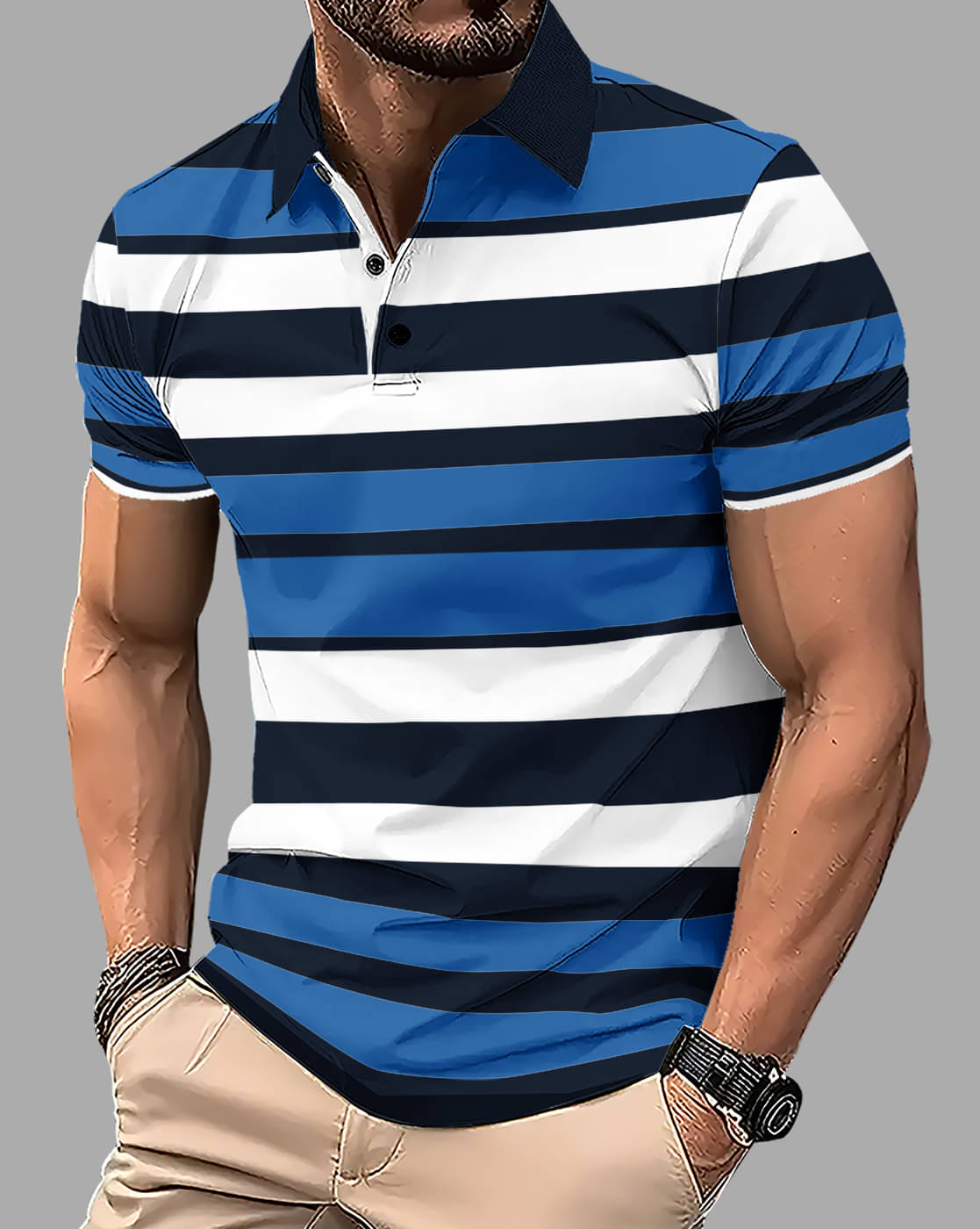     			Eyebogler Men Cotton Blend Regular Fit Striped Polo T Shirt ( Blue )