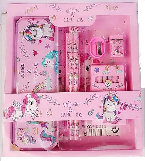     			FREEDY Unicorn Stationery Kit Set for Girls 12 Pcs Pencil, Eraser, Sharpener, Color Set Geometry Box  (Pink)