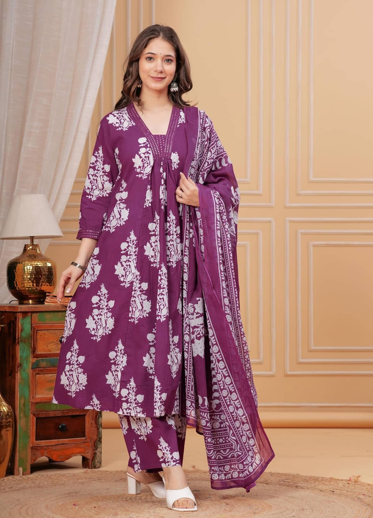 Heavenly Attire Women's Cotton Printed Kurti With Palazzo ( Wine )