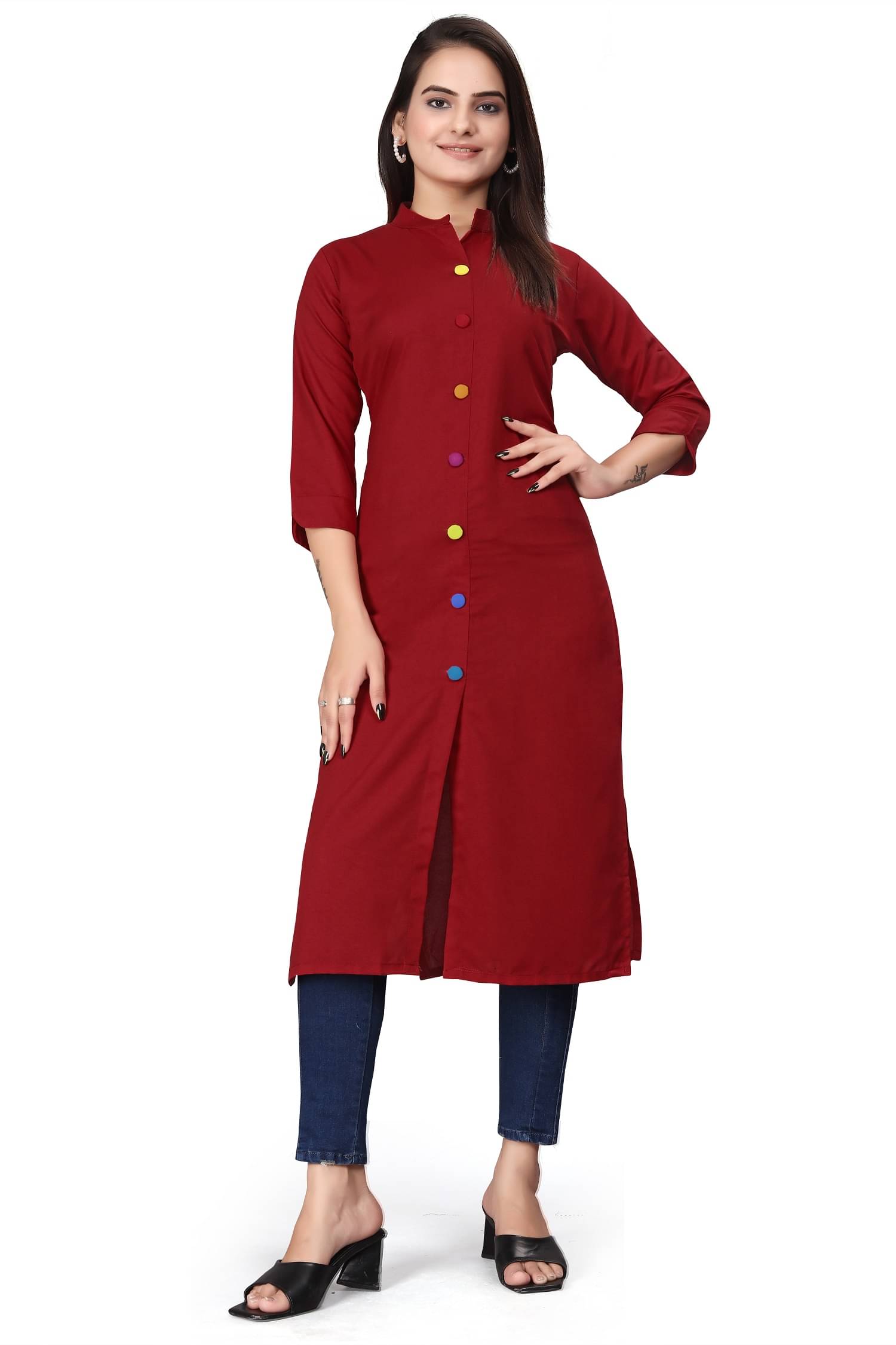 JULEE Women's Cotton Blend Solid Front Slit Kurti - ( Maroon ) JULEE Women's Cotton Blend Solid Front Slit Kurti - ( Maroon )