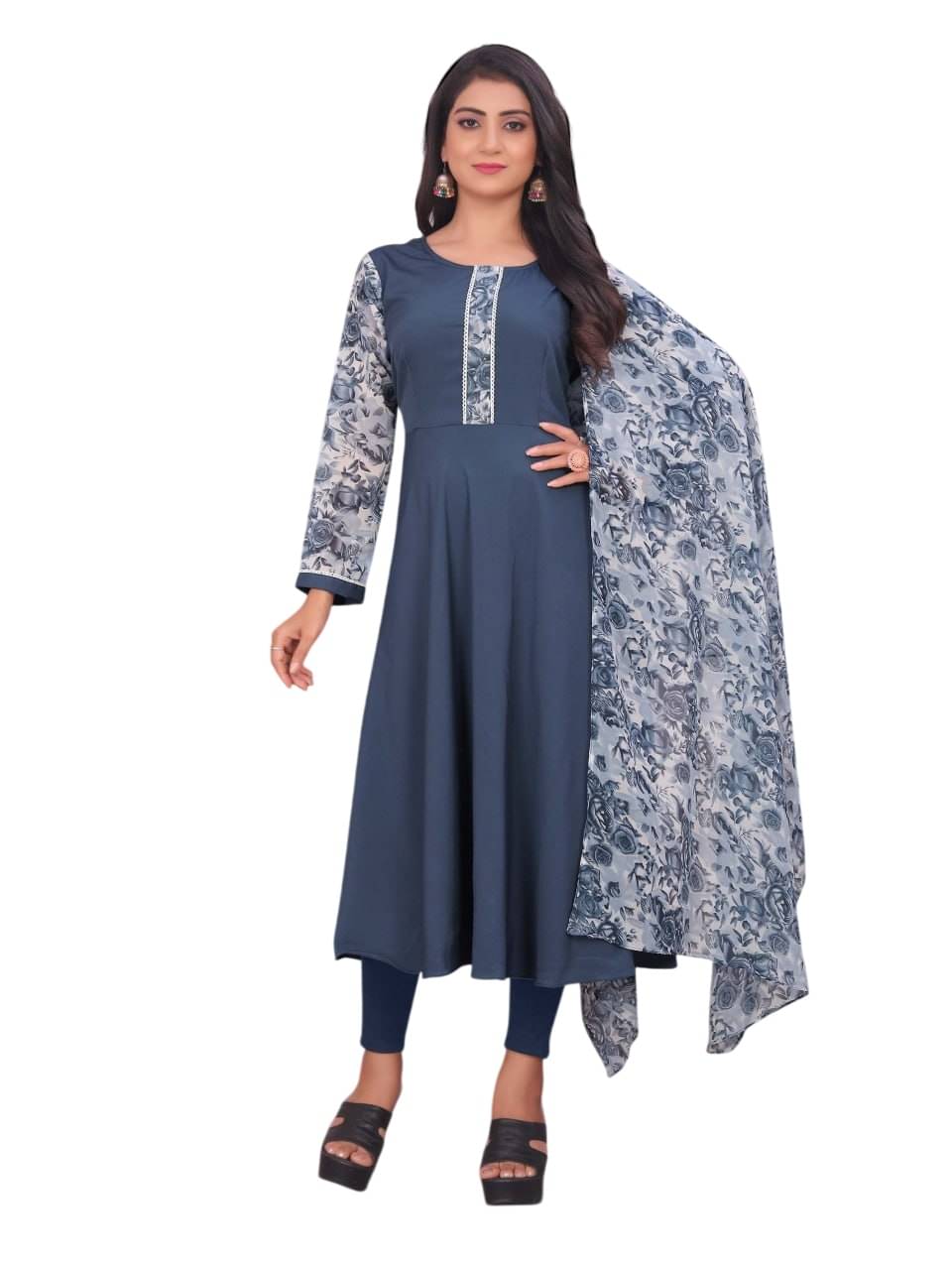 JULEE Women's Crepe Printed Anarkali Kurti with Dupatta - ( Grey ) JULEE Women's Crepe Printed Anarkali Kurti with Dupatta - ( Grey )