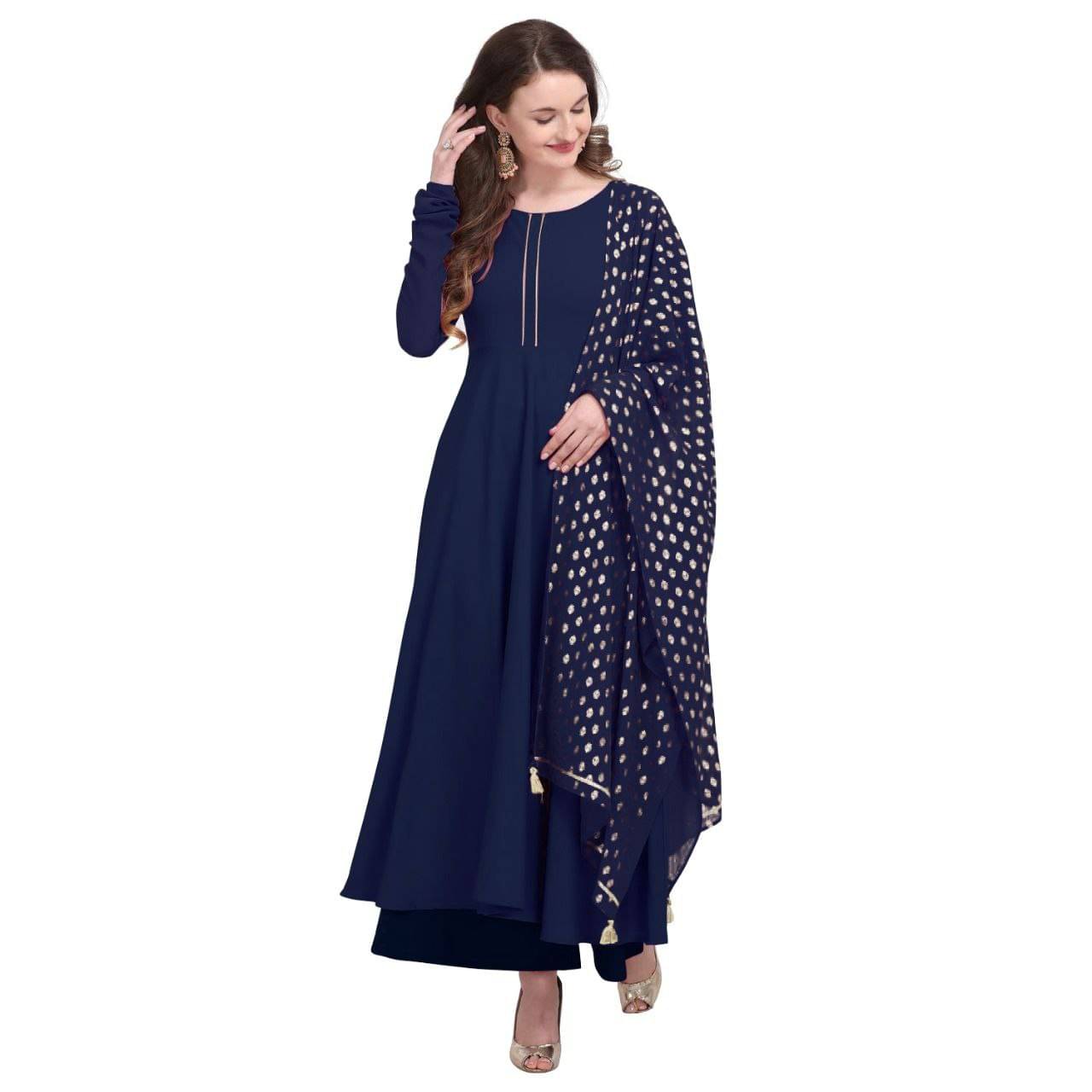 JULEE Women's Crepe Solid Anarkali Kurti with Dupatta - ( Navy Blue )     			JULEE Women's Crepe Solid Anarkali Kurti with Dupatta - ( Navy Blue )