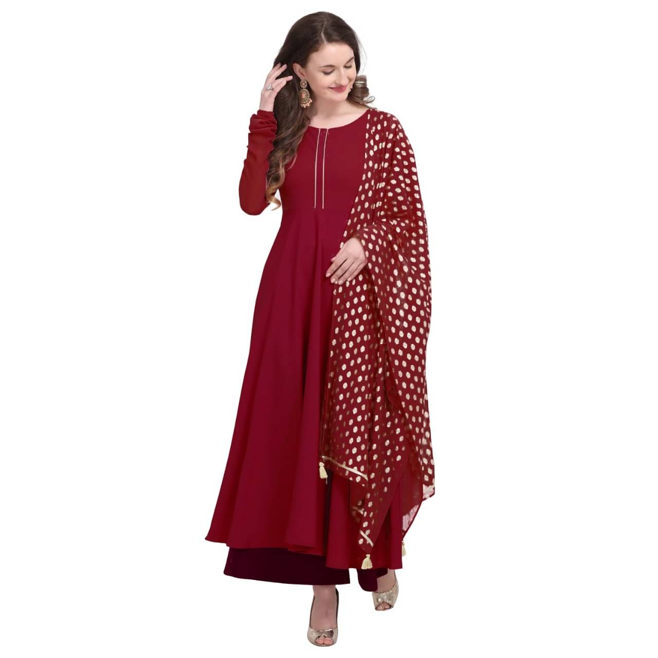 JULEE Women's Crepe Solid Anarkali Kurti with Dupatta - ( Maroon ) JULEE Women's Crepe Solid Anarkali Kurti with Dupatta - ( Maroon )